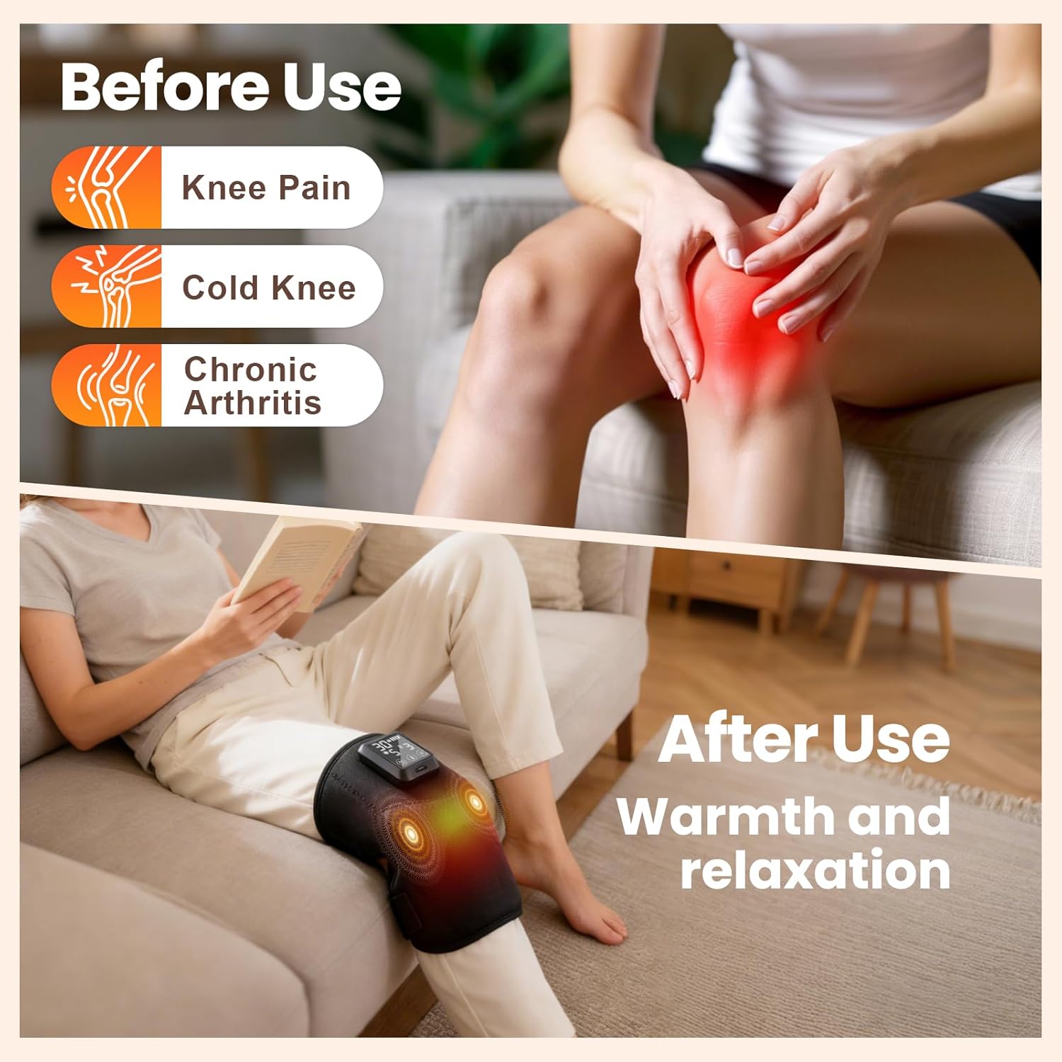 Knee Massager, 5000mAh Knee Heating Pad with 6 Heat & 6 Vibration Massage, Heated Knee Brace for Knee Pain Relief Arthritis, Gifts for Seniors Women Men(Single)