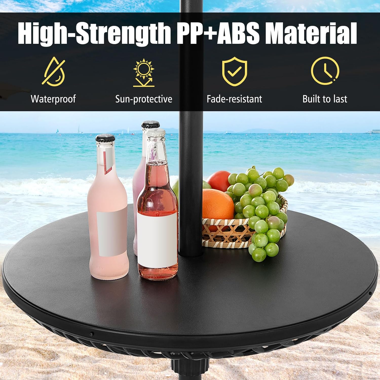Giantex Patio Umbrella Table Tray - 23'' Portable Outdoor Side Table with Umbrella Hole, for 1.5", 1.34" & 1.26" Poles, Height Adjustable, Round Top for Backyard Poolside Deck Garden Beach, Black