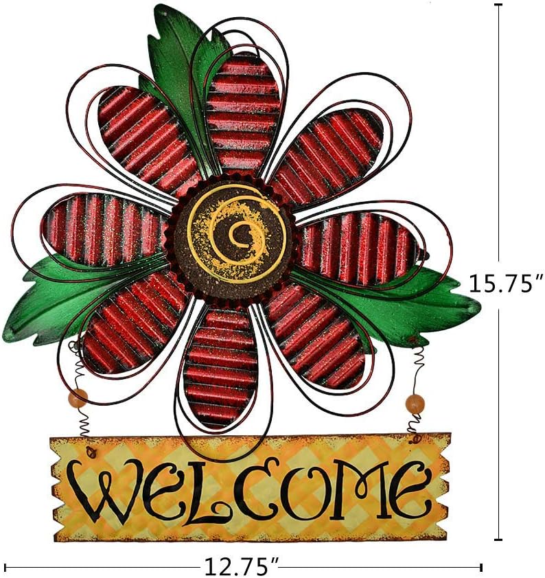 Hanging Metal Flower Welcome Sign Vintage Yellow Flower Wreath for Front Door Kitchen Yard Porch Decor Iron Garden Patio Welcome Sign Spring Floral Sign for Home Garden Decor