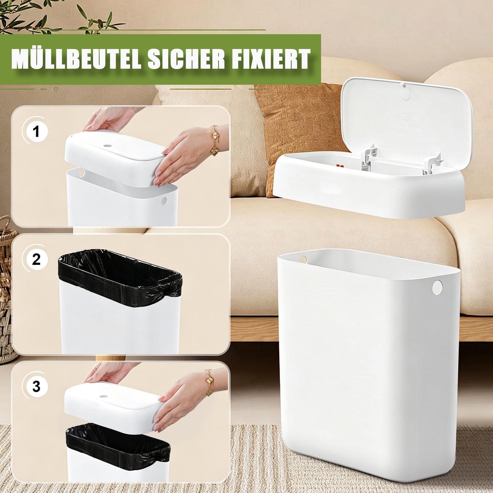 funest Mülleimer Bad mit Deckel, Schmaler Badmülleimer Weiß, Kleiner Mülleimer mit Druckknopf-Deckel, Abfalleimer Badezimmer für WC, Küche, Schlafzimmer, Wohnmobil und Büro, 8,5L