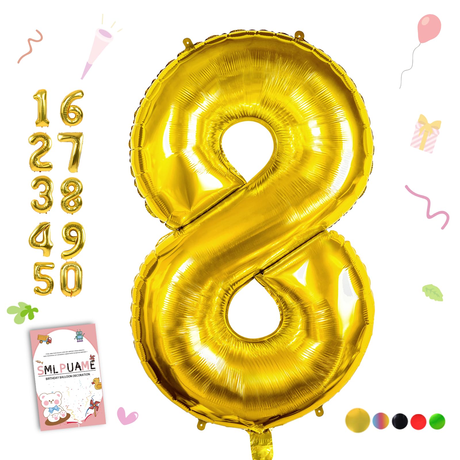 Smlpuame Gold Number 8 Balloons, 40 Inch Large Foil Balloon 0-9 Helium Digital Balloons, Self Inflating Number Balloon for 8th Birthday Party Celebration Decorations Supplies Wedding Anniversary