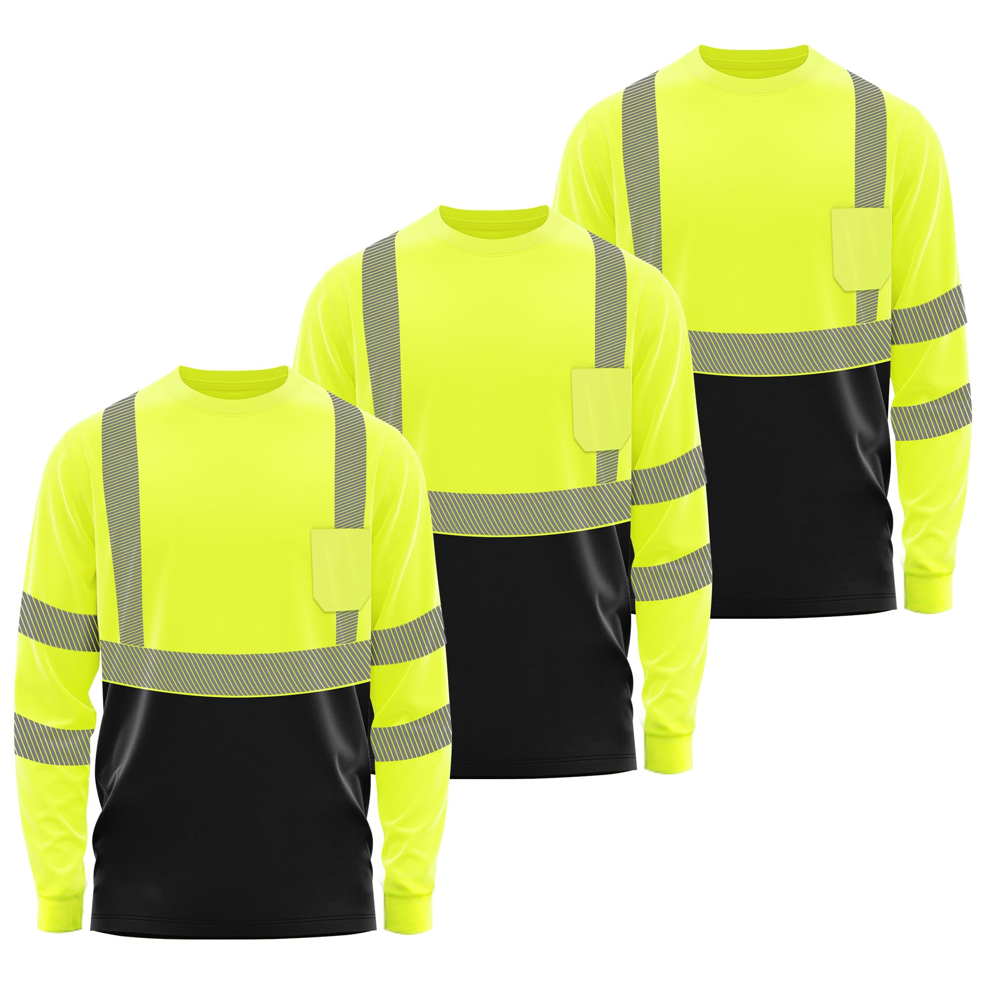 W&H Men's Hi Vis Long Sleeve Safety Shirts, ANSI Class 3 Reflective Workwear, UPF 40+ Heat Transfer Tape, Eco-Friendly, 3PK
