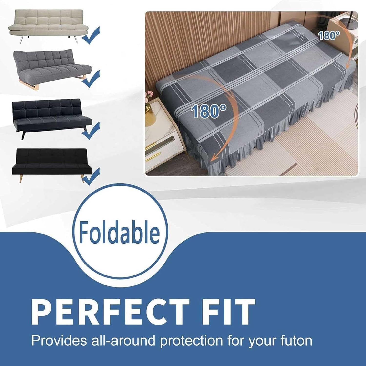 Geometric Printed Armless Futon Slipcover with Ruffle Skirt - Non Slip Furniture Protector, Elastic Bands - Couch Cover for Futon, Geometric Design