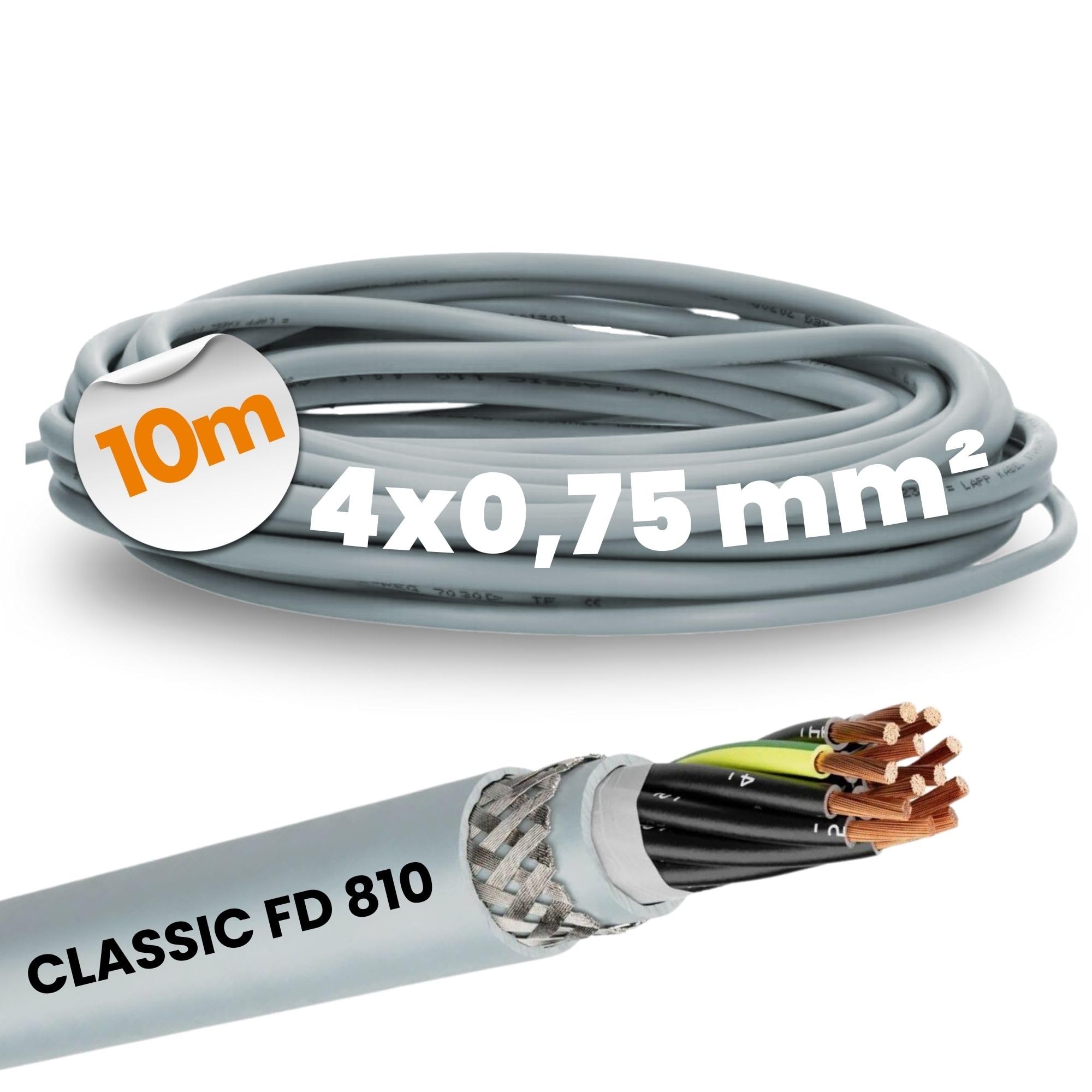 Lapp 0026221 ÖLFLEX CLASSIC FD 810 CY 4 x 0,75 mm² Cable de Control PVC | Cable multihilo apantallado de 4 núcleos para cadenas de arrastre, alta movilidad y protección EMC, 10 m de longitud