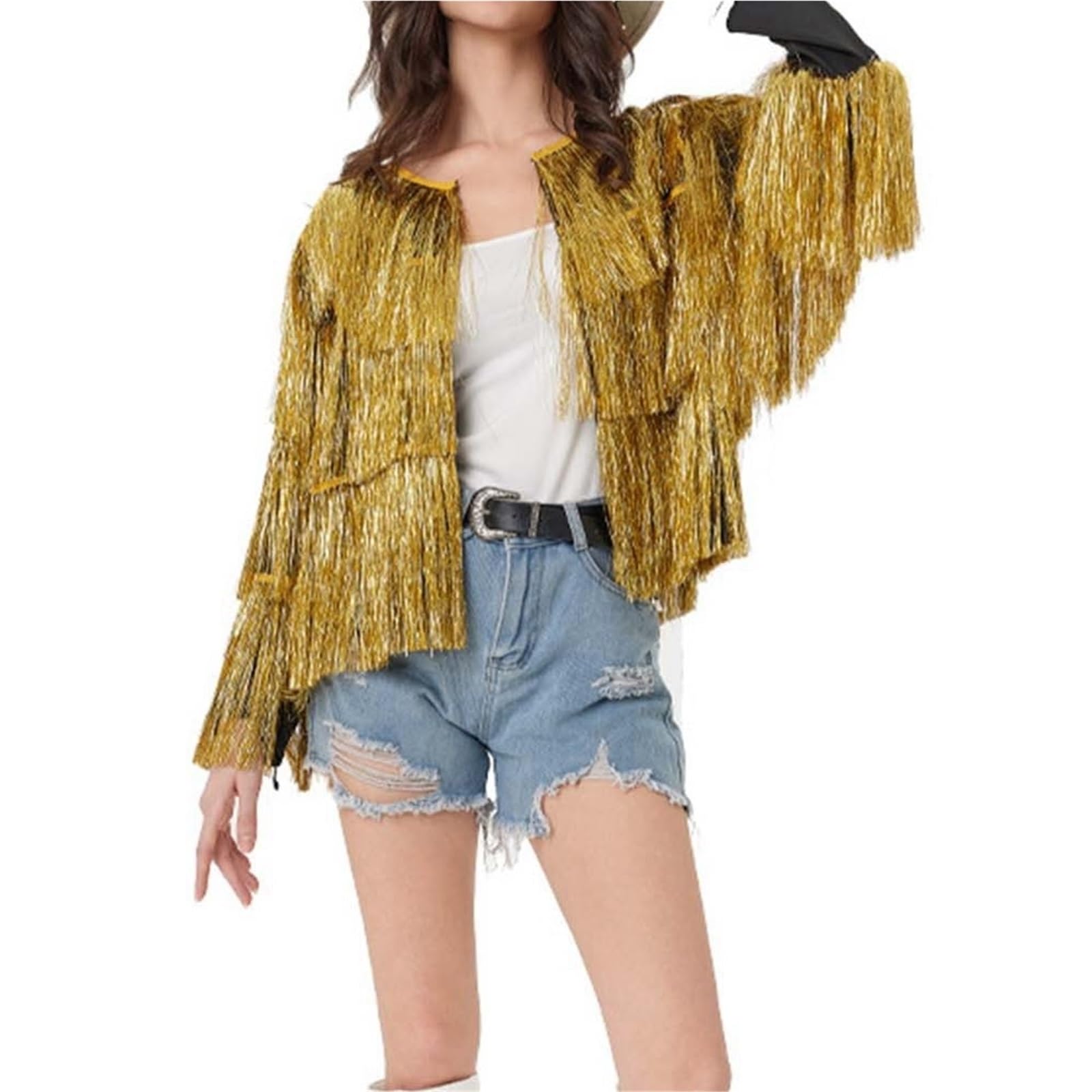 Top con Frange Giacca da Donna vestibilità Ampia con Paillettes e Frange, Cappotto da Donna Aperto sul Davanti, Abbigliamento da Club, Abbigliamento da Festa per Le Donne(Gold,L)