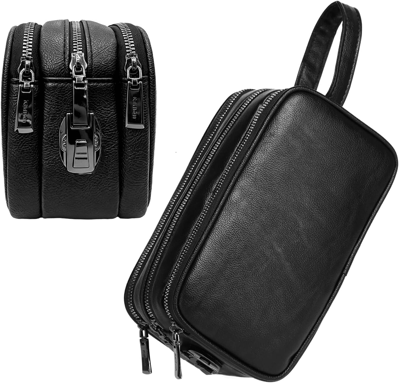 Men's Dopp Kit Toiletry Bag with Lock, PU Leather Travel Clutch Bag, 3 Compartment Organizer for Business Gym Travel
