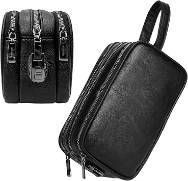 Mens Dopp Kit Toiletry Bag with Lock, PU Leather Travel Clutch Bag, 3 Compartment Organizer for Business Gym Travel