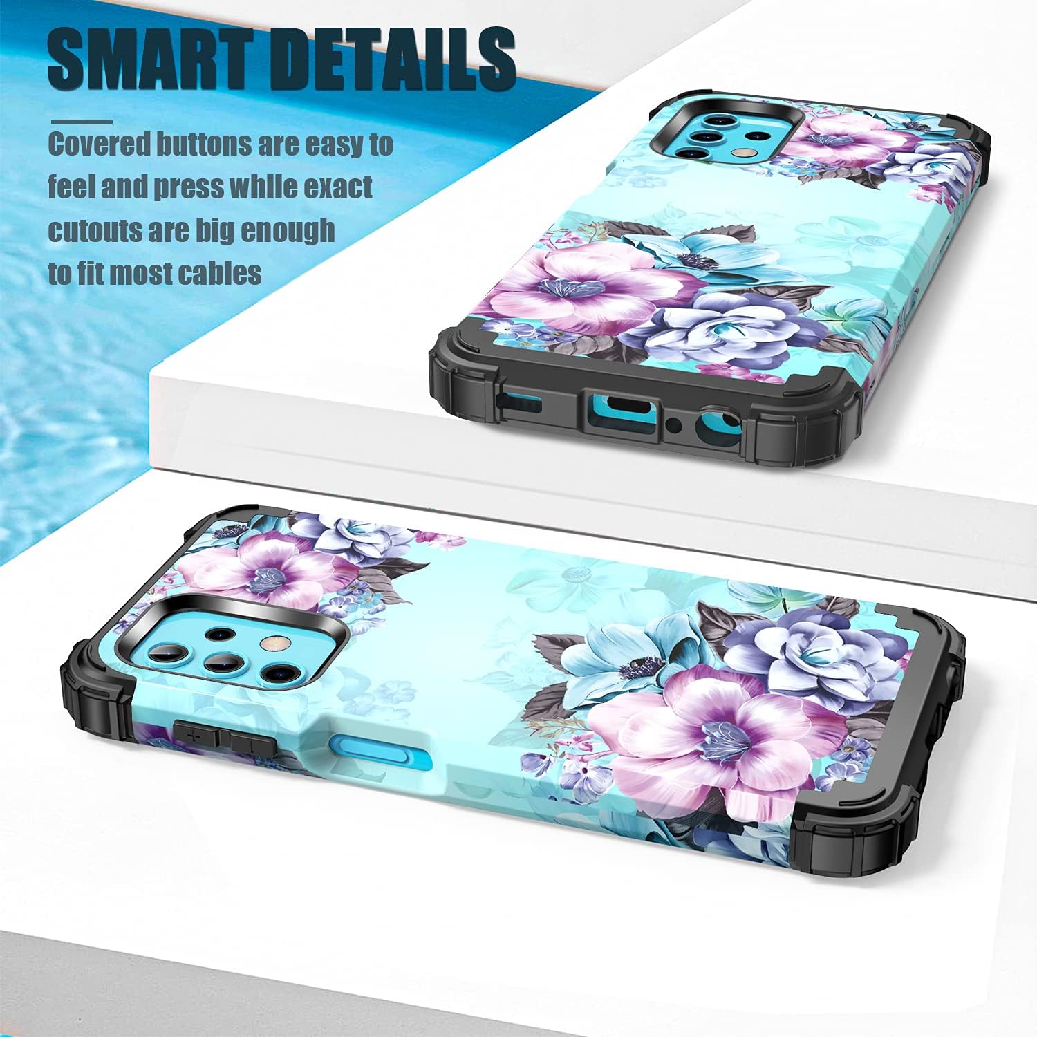 Casetego Compatible with Galaxy A32 5G Case,Galaxy A12 Case,Floral Three Layer Heavy Duty Sturdy Shockproof Full Body Protective Cover Case for Samsung Galaxy A32 5G and A12,Blue Flower