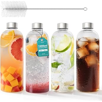 ACXIN Set of 4 Glass Drinking Bottles 1000 ml Made of Borosilicate Glass Water Bottles with Stainless Steel Lid and Cleaning Brush Dishwasher Safe Heat Resistant & Leak-Proof for Office and Home