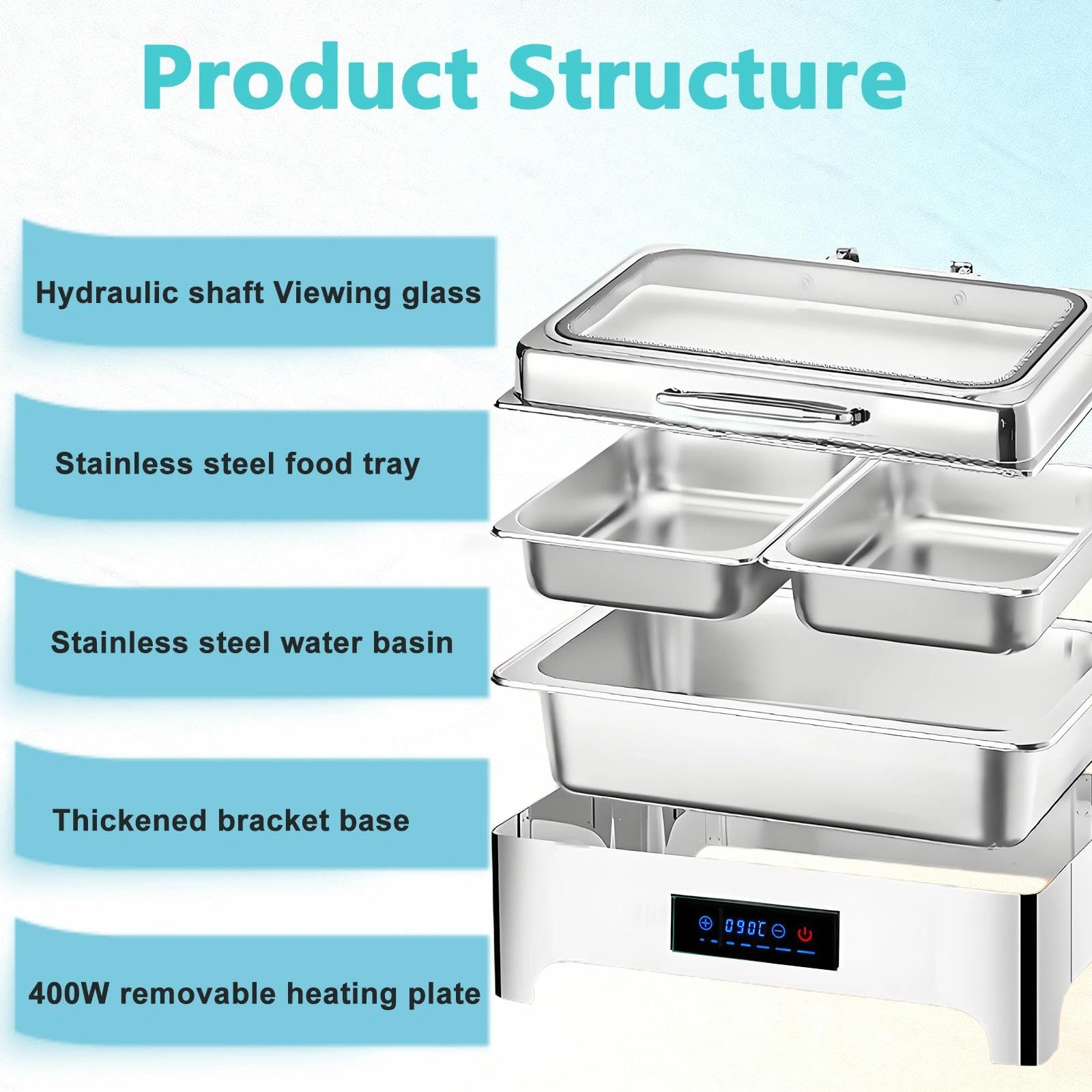 Calentador de Buffet, 9L Chafing Dish Eléctrico Función Mantenimiento Calor y Placa Calientaplatos, Acero Inoxidable Calentador de Comida Profesional con Tapa Visible para Fiestas(1/1)
