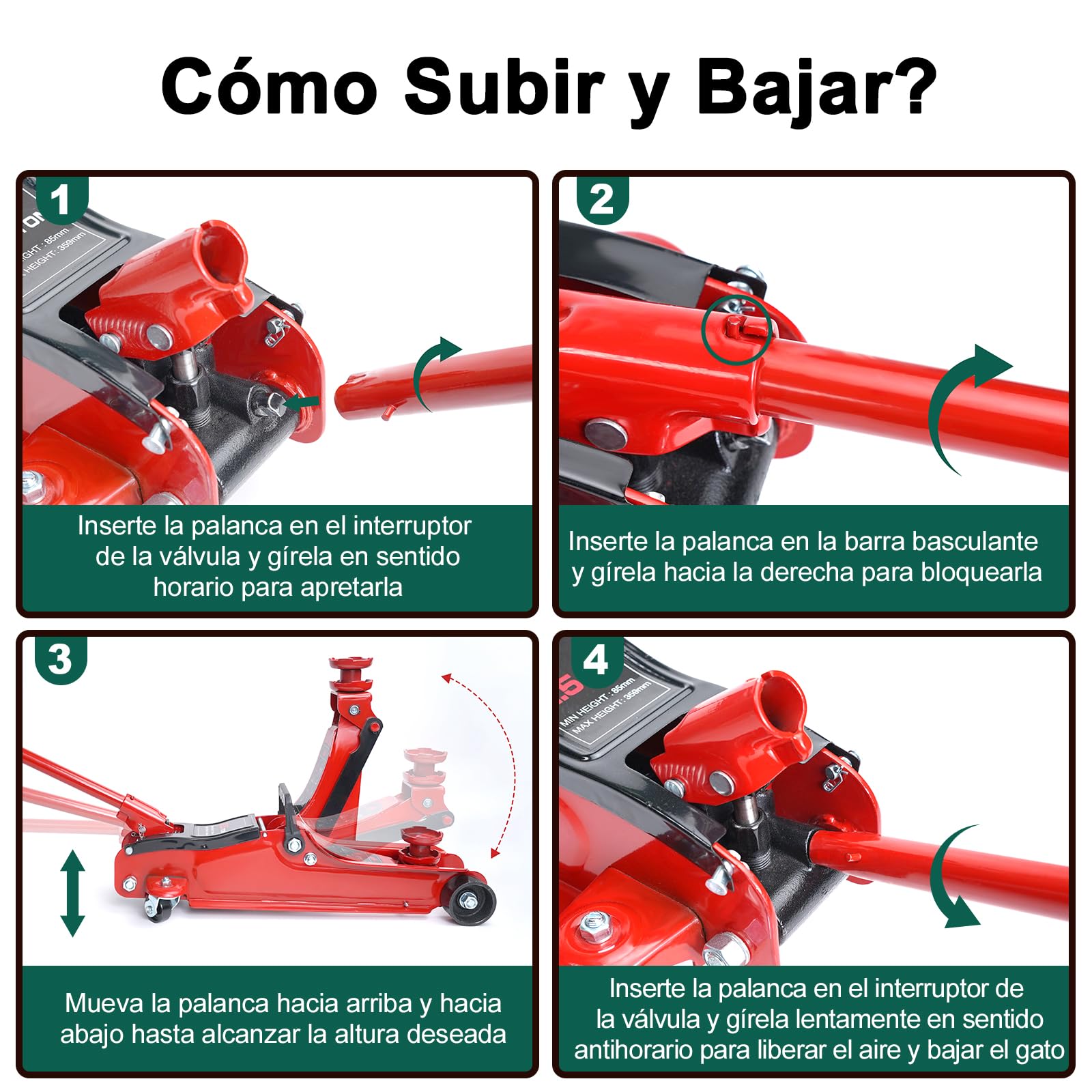 Gato hidráulico con ruedas HYCHIKA Gato hidráulico con pistón hidráulico de elevación rápida de 2.5T, gato hidráulico, rango de elevación de 135-370 mm para berlina, SUV, cambio de neumáticos