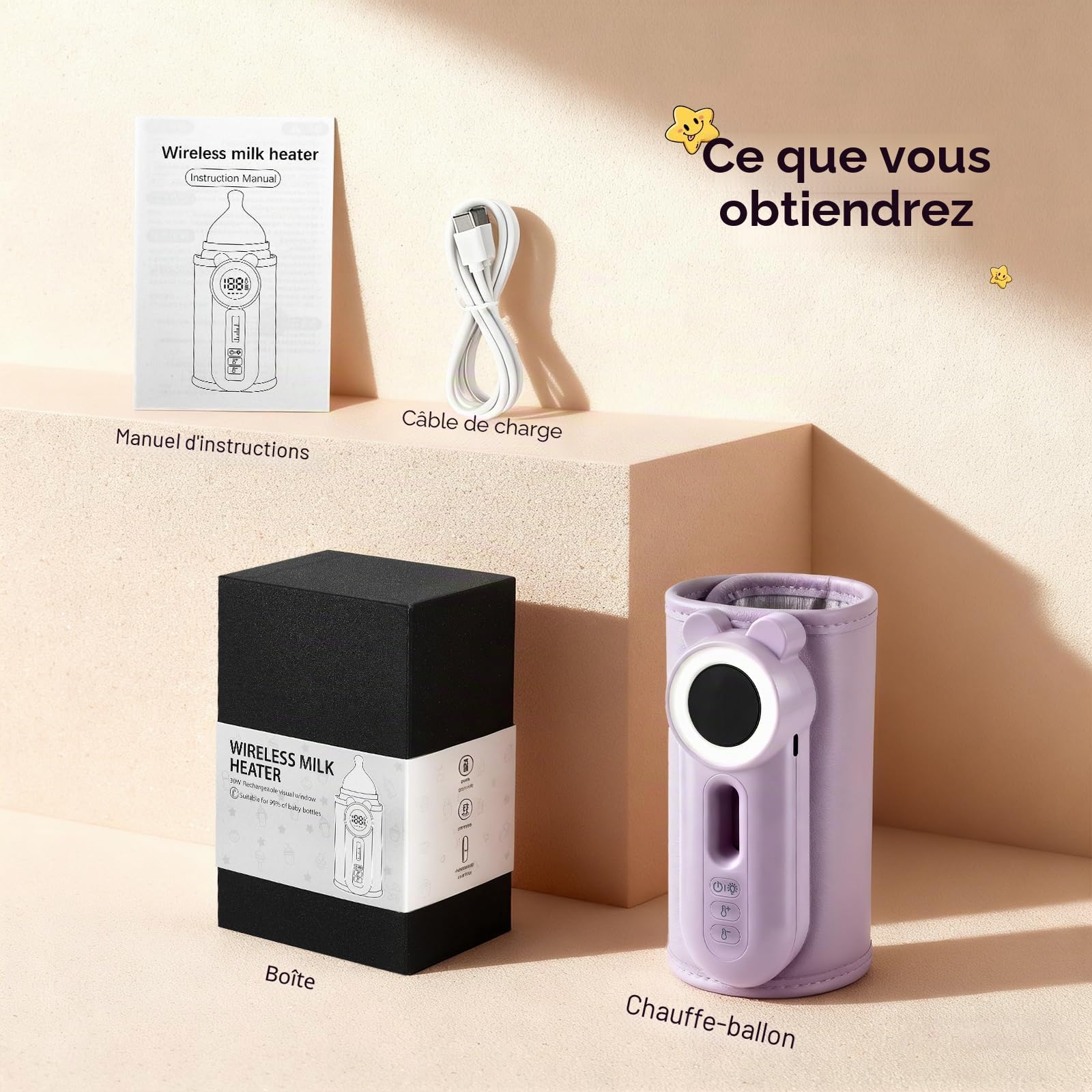 Chauffe Biberon Nomade, Chauffe-biberon Sans Fil USB, Écran LED Visibilité Nocturne, 8 Niveaux de Température 38-50°C, Chauffe-biberon Électrique 8000mAh, 24 Heures d'isolation pour Voiture et Voyage
