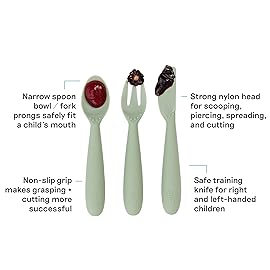 ezpz Happy Utensils (Sage) - 24 Months+ - BPA Free Toddler Utensils - Fork, Spoon and Knife for Toddlers and Preschoolers - Kids for Self-Feeding Development