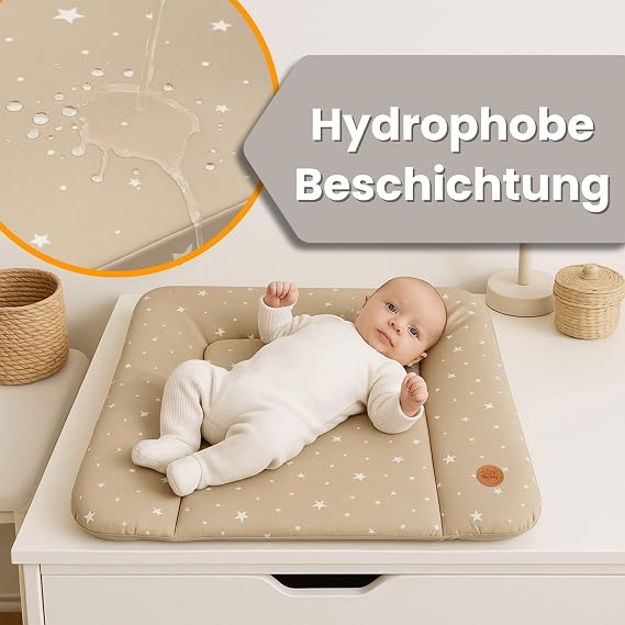 Changing pad wipeable and Waterproof 70x50 cm - Changing mat to Place on Changing Table, Changing top, Changing Dresser, or Washing Machine, Changing mat 70 x 50 Beige with White Stars