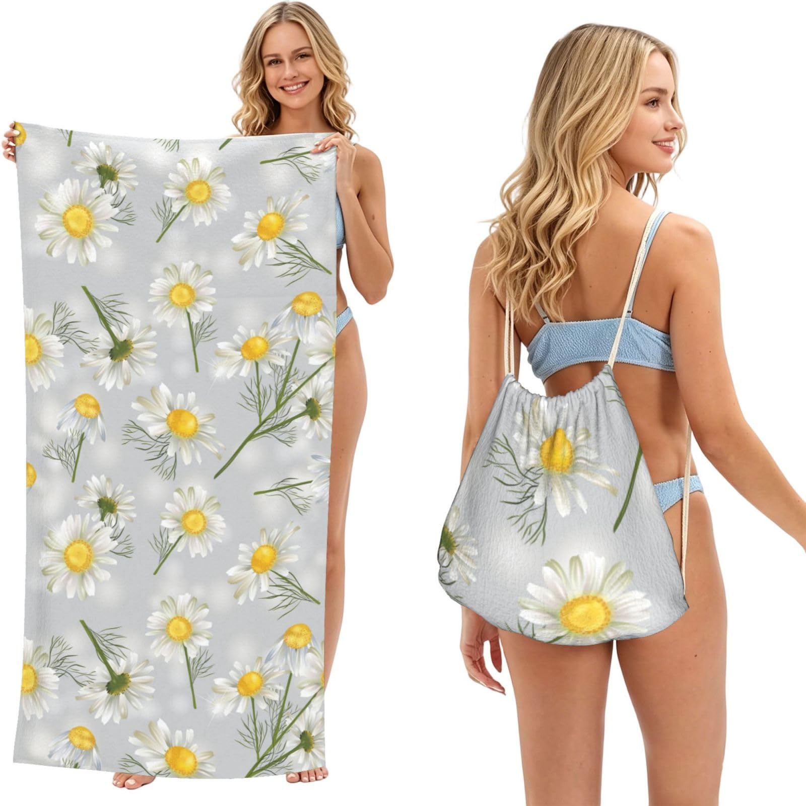 Poadnly As Picture Chamomile Flowers, 2 In 1 Packable Towel Bag, Beach Towels With Drawstring Backpack For Travel Holiday Camping