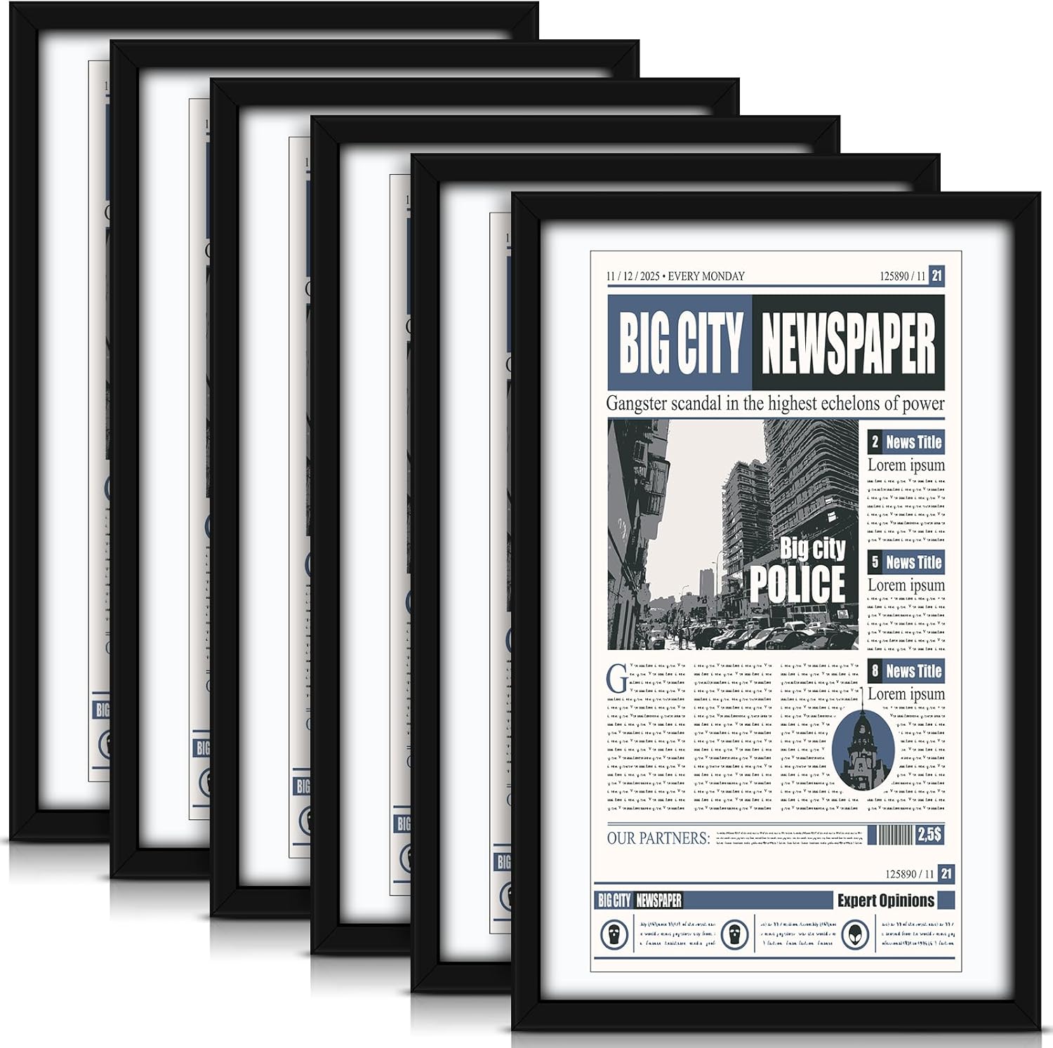6 Pcs 11x22 in Newspaper Frame with Mat Assorted Media Article Cover Frame with Hanging Hardware 14x24 in Newspaper Display Poster for Wall Decoration (White Mat)
