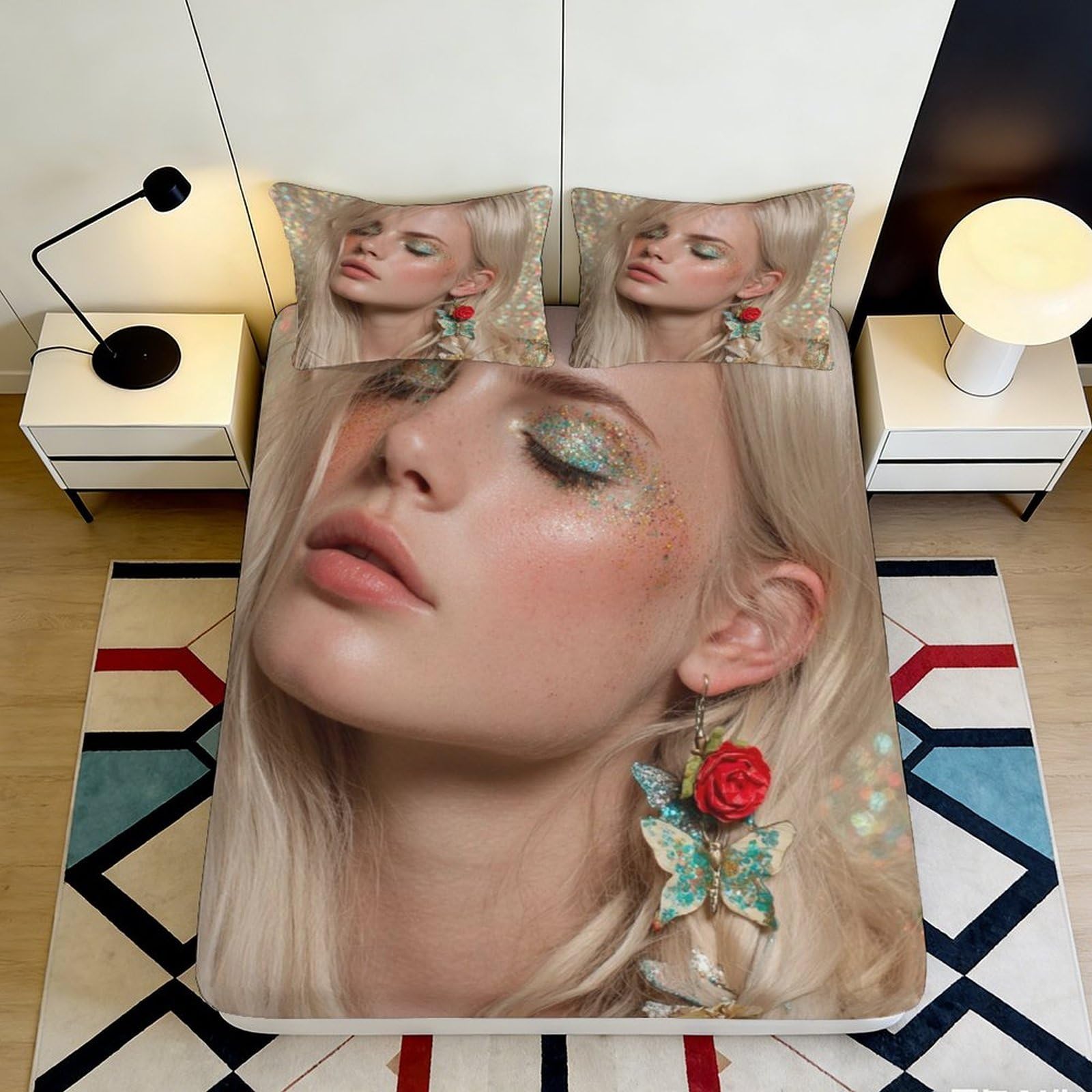 3D Printed Blonde Portrait Fitted Sheet Microfiber Soft Artistic Butterfly Rose Bed Cover for Bedroom Dorm Decor 200x200x25cm