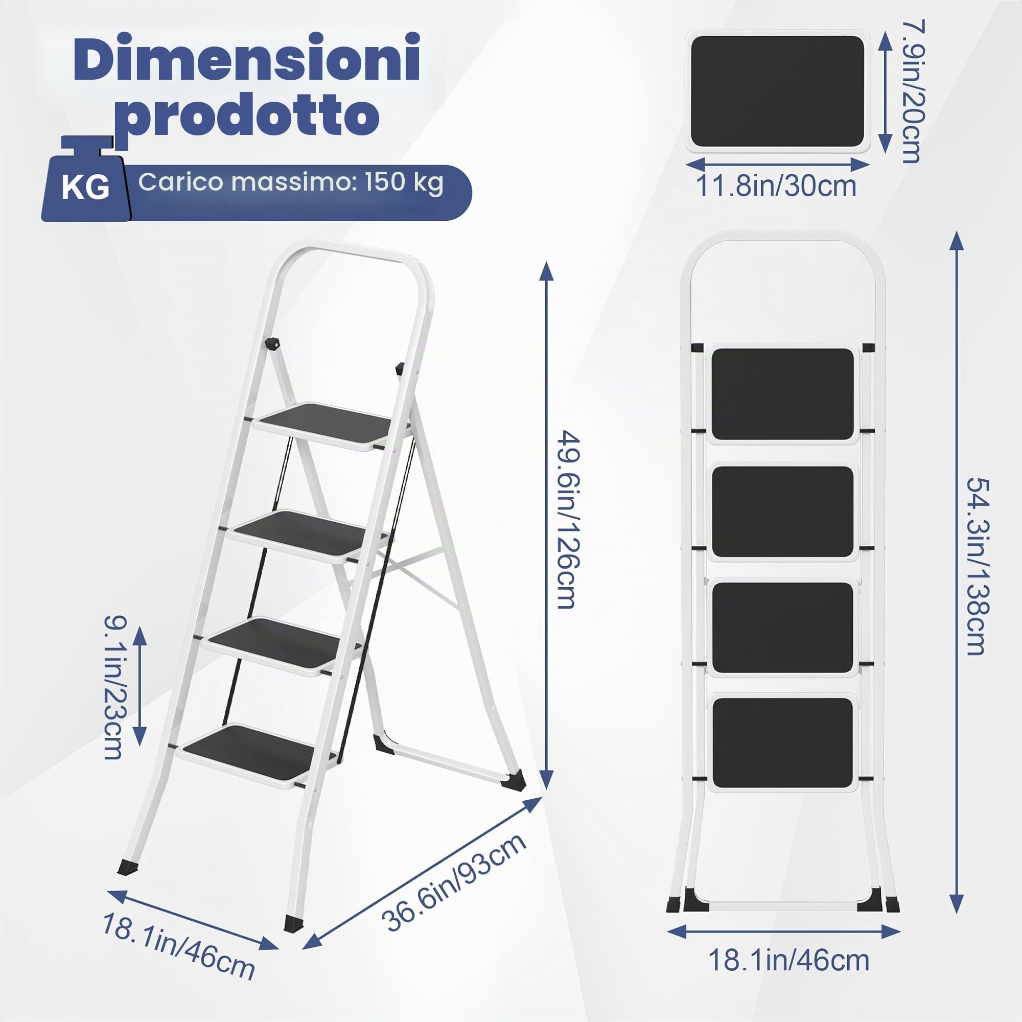 LARS360 Scala a pioli pieghevole 4 gradini – Scala a pioli pieghevole in acciaio con gradini antiscivolo, portata 150 kg, scala pieghevole per casa, cucina, ufficio, salvaspazio solo 5 cm (nero +