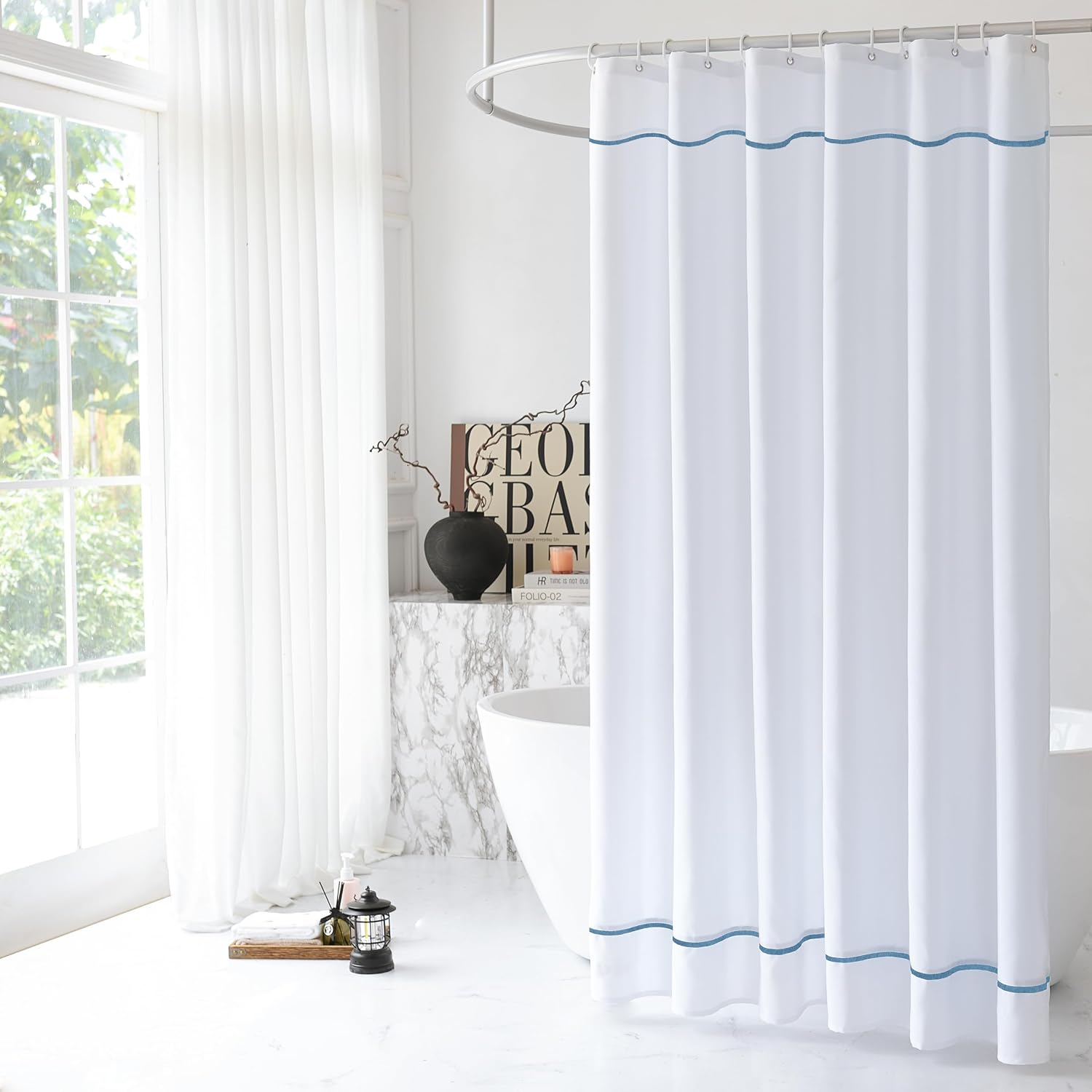 White Shower Curtain with Water Blue Border, Modern Chic Faux Linen Fabric Shower Curtains for Bathroom and Hotel,72 x 78 Inches