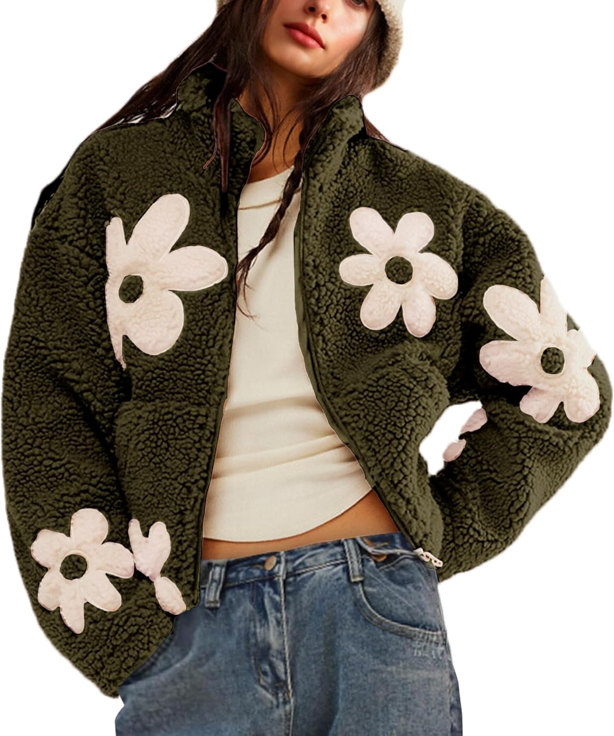 Maixang Womens Floral Print Sherpa Fleece Jackets Winter Zipper Cropped Coat Casual Long Sleeve Outwear with Pockets