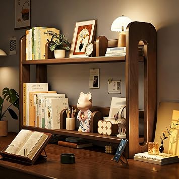 Solid Wood Desktop Storage Shelf, Vertical Multi - Layer Book Organizer for Home Office Tabletop, Compact Countertop BookcaseBlack Walnut Color,60x20x60cm/23.6x7.8x23.6in