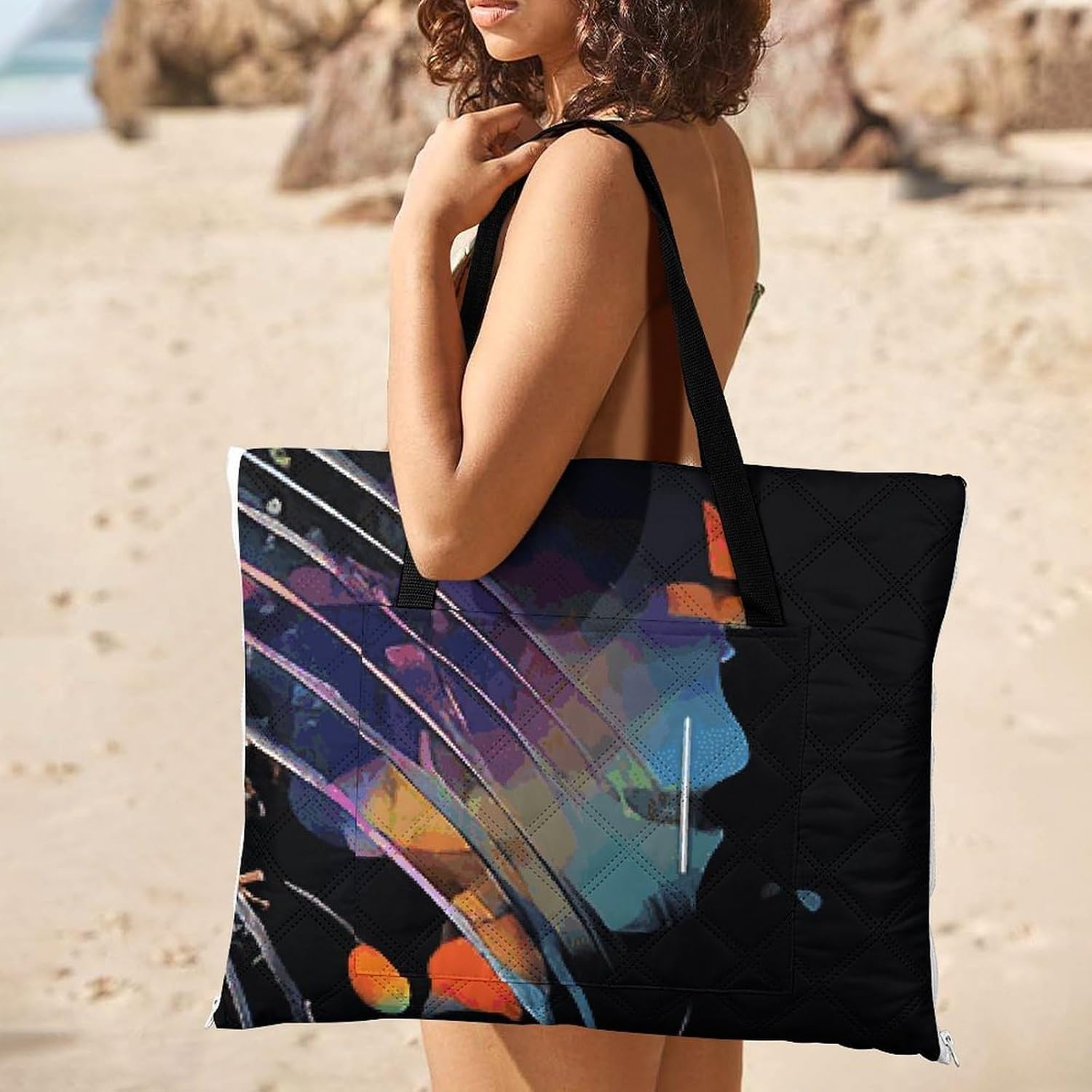 Saxophone and Piano Picnic Blanket 200x200cm, Foldable 2-in-1 Picnic Mat and Tote Bag Portable Waterproof Beach Mat Sandproof Outdoor Blanket for Park, Hiking, Beach, Camping, Travel