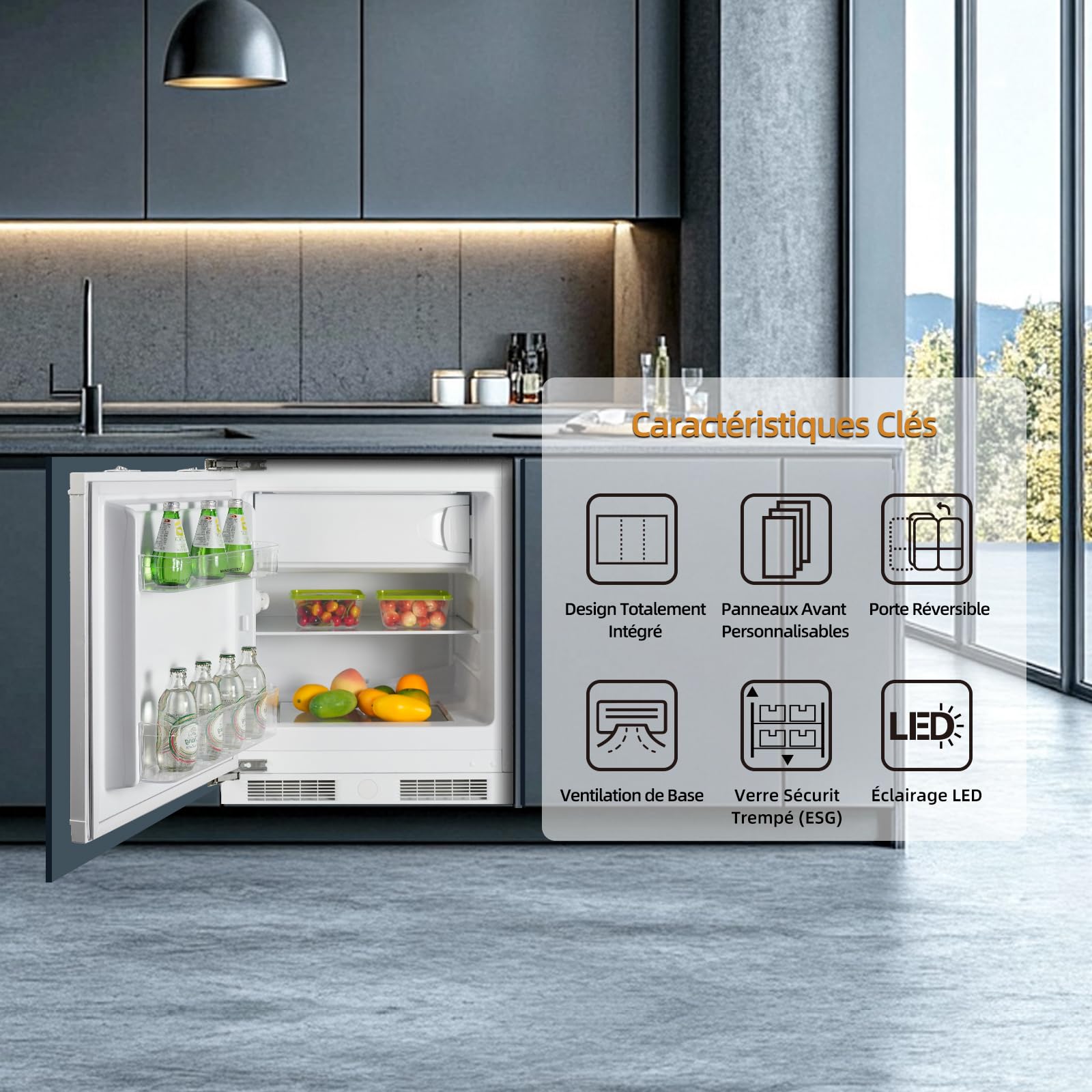 Frigo congelateur encastrable 82 cm sous plan de travail réfrigérateur | Refrigerateur congélateur | 96 L (84 L/12 L), 59 cm largeur | avec charnières de porte réversibles | Réglage température