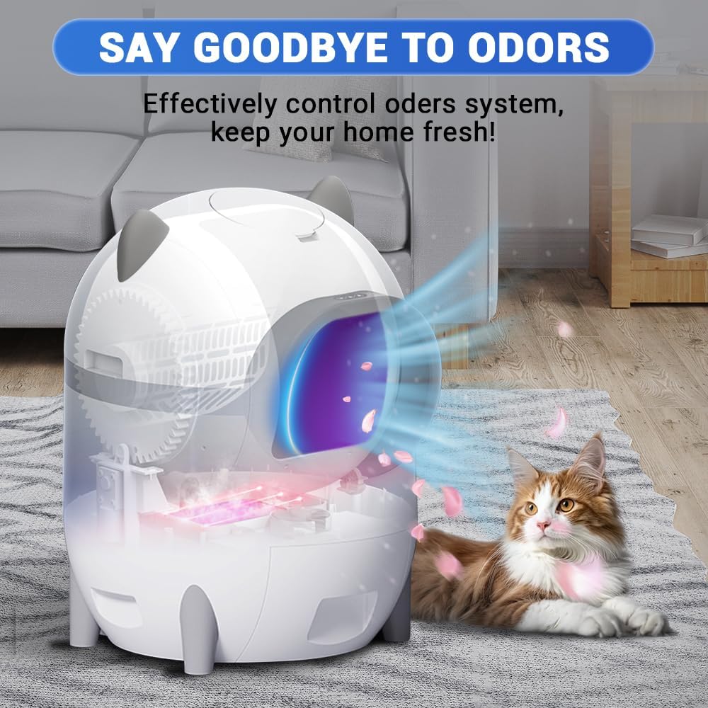 An illustration of the litter box's odor control system, showing air purification and a cat resting nearby.