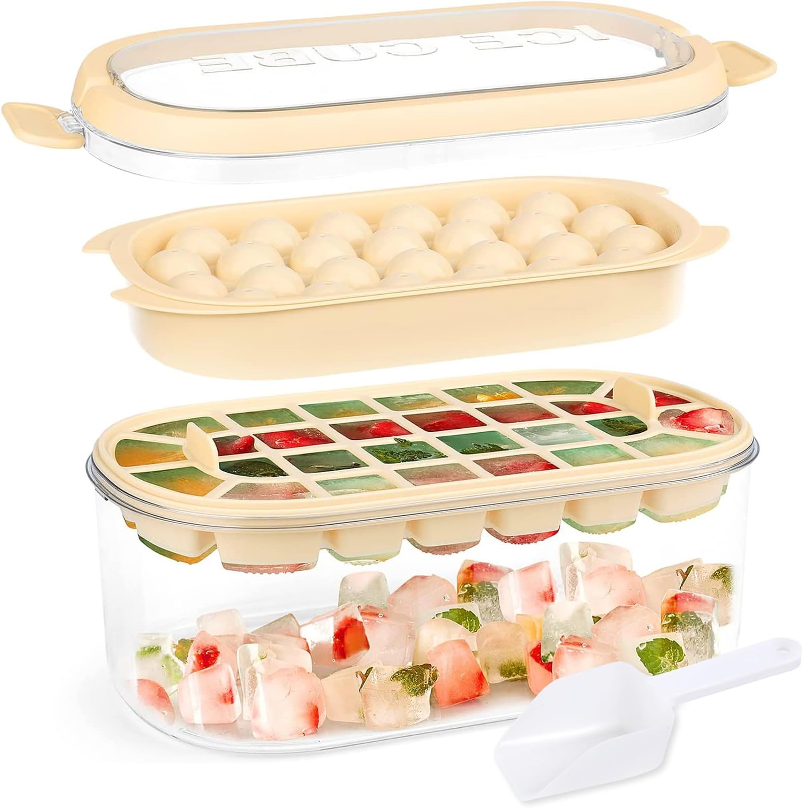 MAYHORY Ice Cube Tray with Lid, 54 Pcs Silicone Ice Trays for Freezer with No-Spill Removable, Ice Cube Moulds for Freezer, Baby Food, Water, Whiskey, Cocktail & Other Drink (Beige)