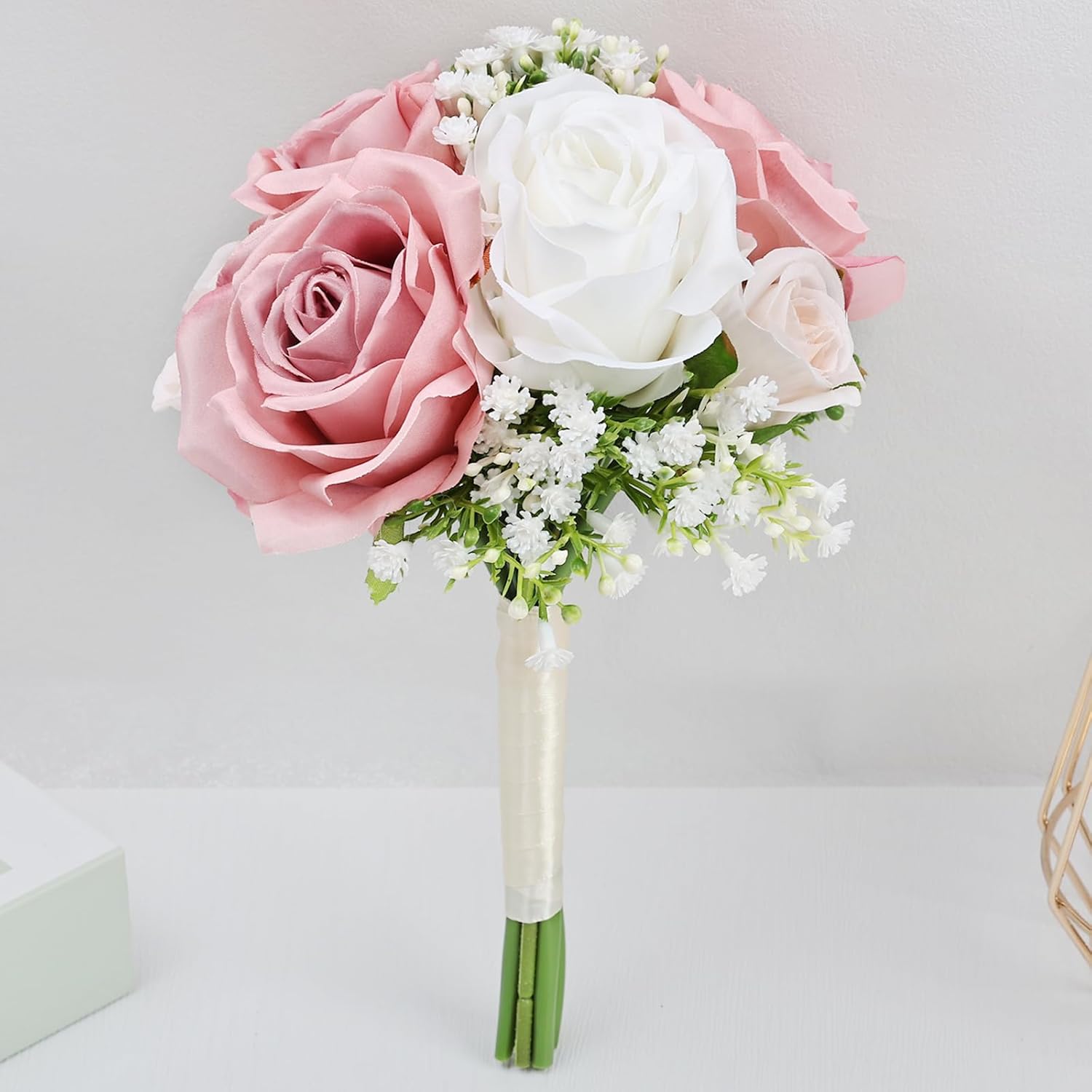 Wedding Bridesmaid Bouquets Set of 2, Artificial Silk Flowers Arrangement for Ceremony Marriage Proposal Party Anniversary Decorations - Dusty Pink & White - Image 6