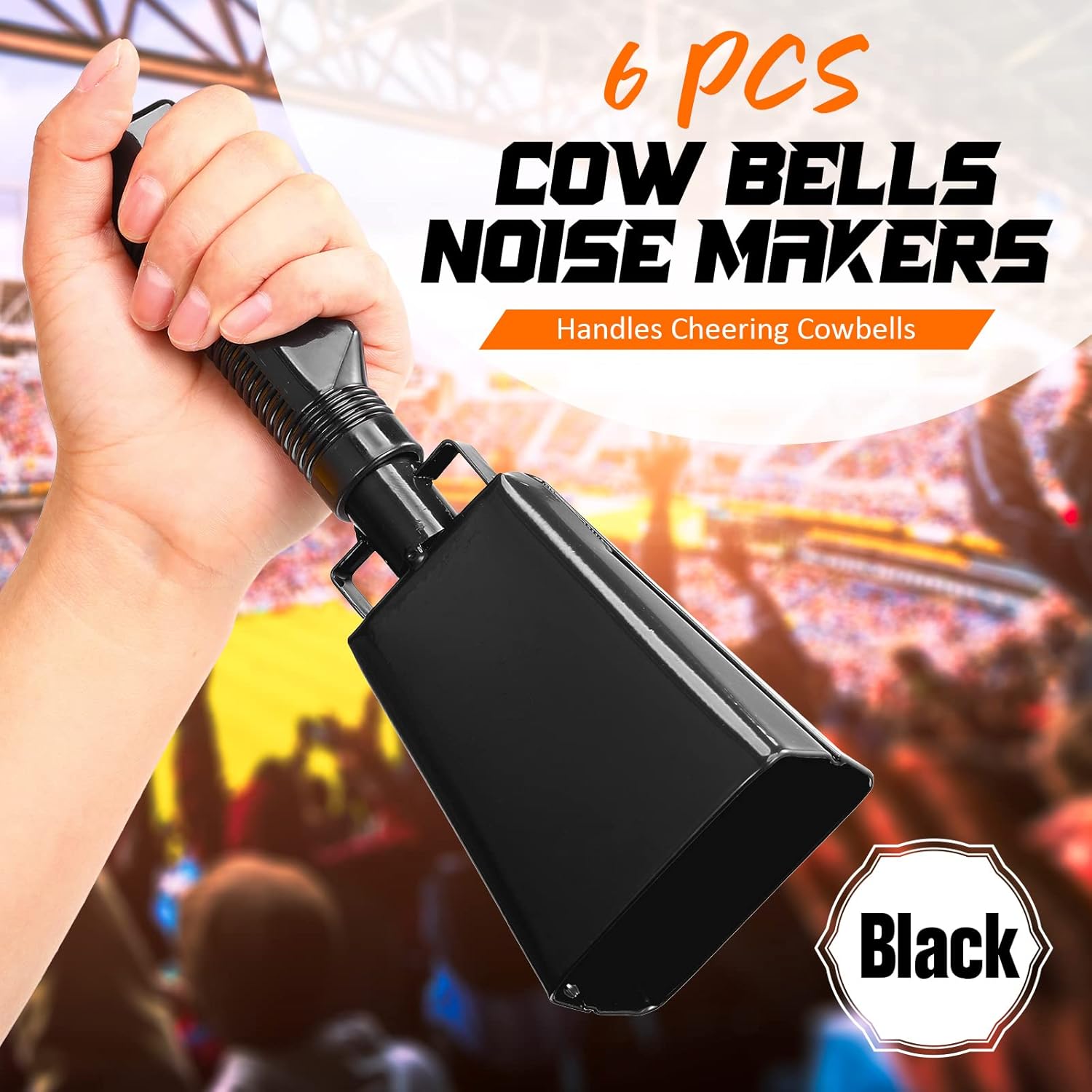 Reginary 6 Pack Cowbells Bulk Black Cow Bell with Handle Cheering Hand Bells Steel Noise Maker Loud Cowbell Alarm for Sporting Events Football Games Stadium School Graduation Parties (9 Inch)