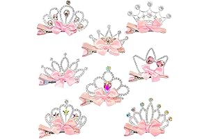 8pc Pink Bow with Silver Crown Princess Hair Clips