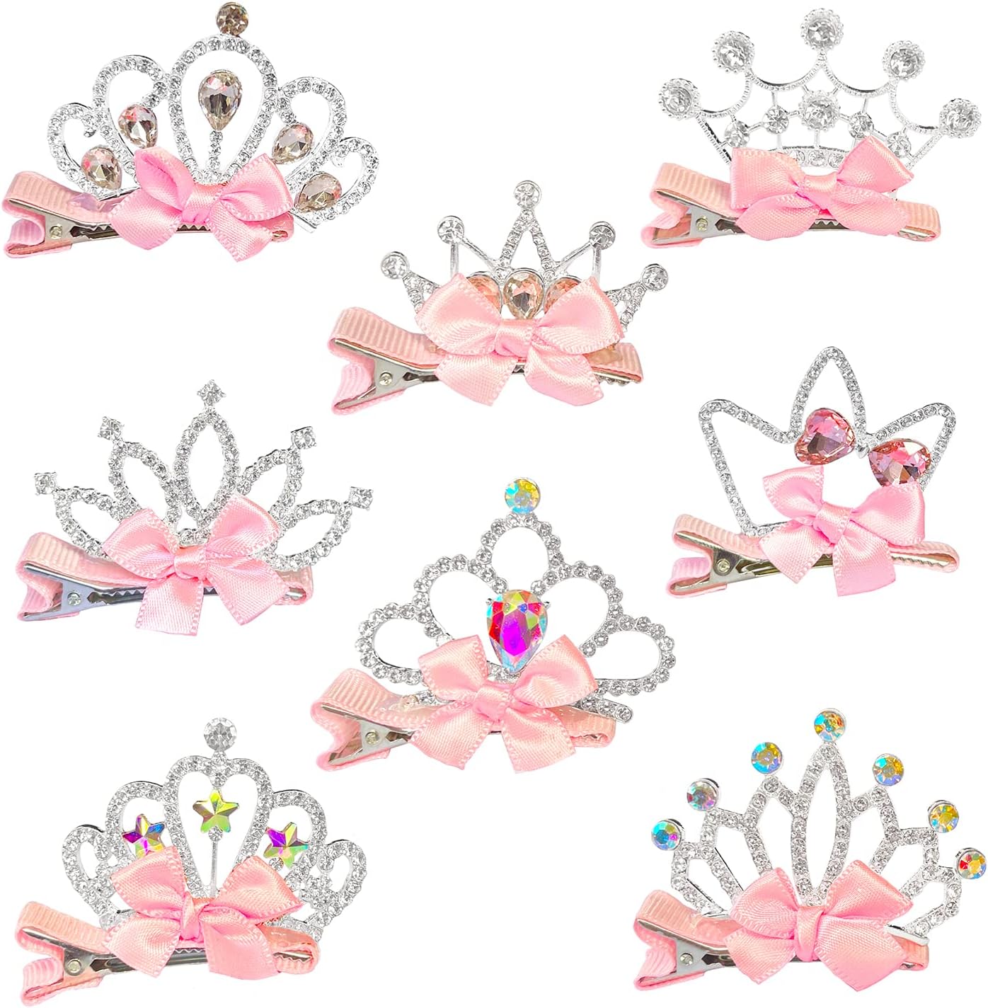 Elesa Miracle8pc Baby Girl Toddler Kids Little Girl Pink Bow Silver Rhinestone Crown Tiara Hair Clips in Gift Box (8pc- Pink Bow with Silver Crown)
