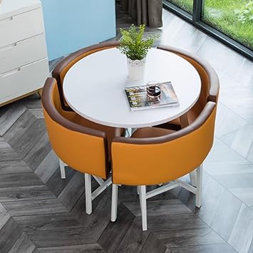 Round Conference Table,Simple Small Round Table Kitchen Dining Table Set,Office Reception Room Club Table,Round Table and PU/Cotton and Linen backrest Chair Sets5-Piece,Small Conference TablesOrange