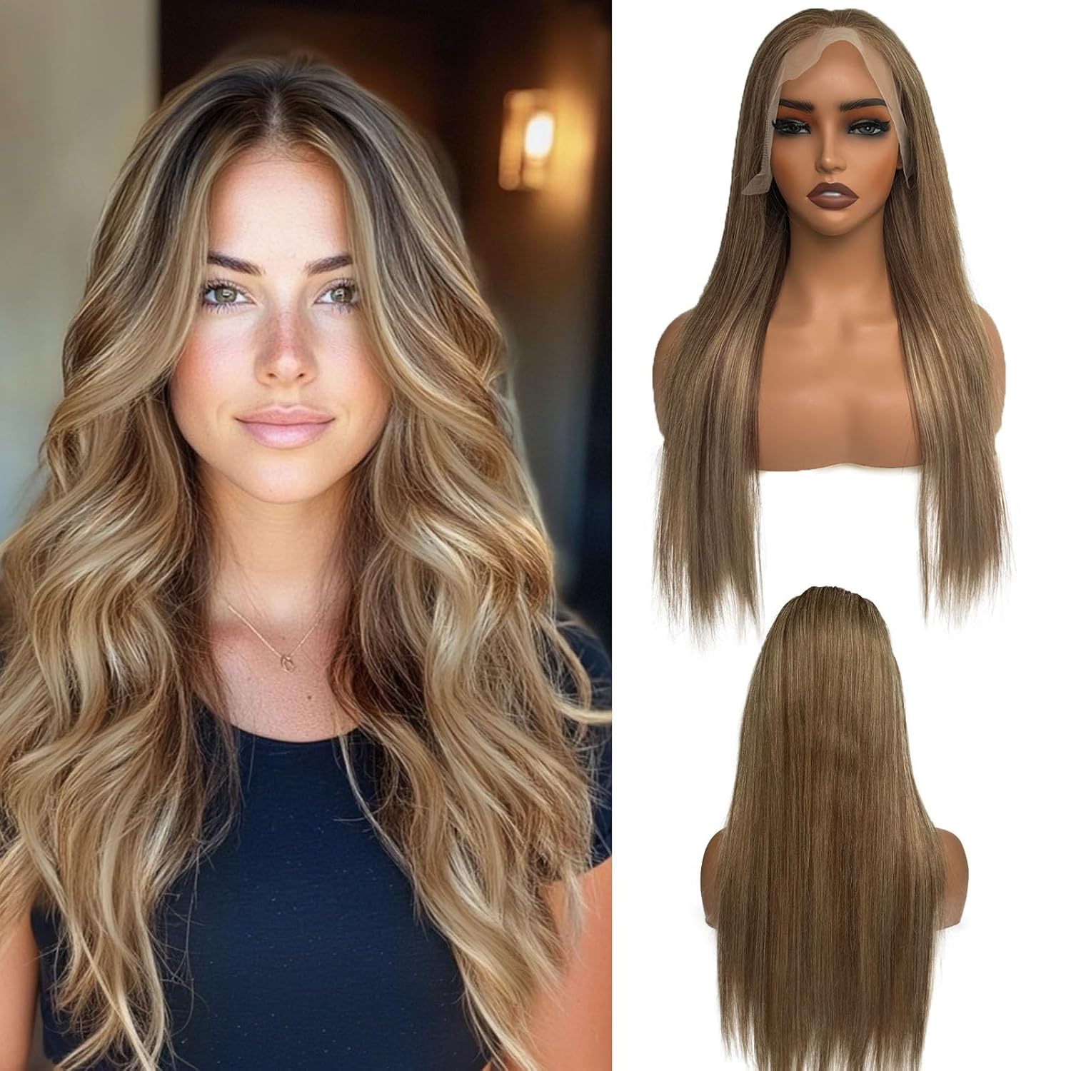 Belaved Highlight Wigs Human Hair Lace Front 13x4 Straight Real Human Hair Chocolate Brown Mixed Ash Blonde HD Lace Frontal No Synthetic Blend Triple Lifespan Pre Plucked Bleached Knots18 Inch