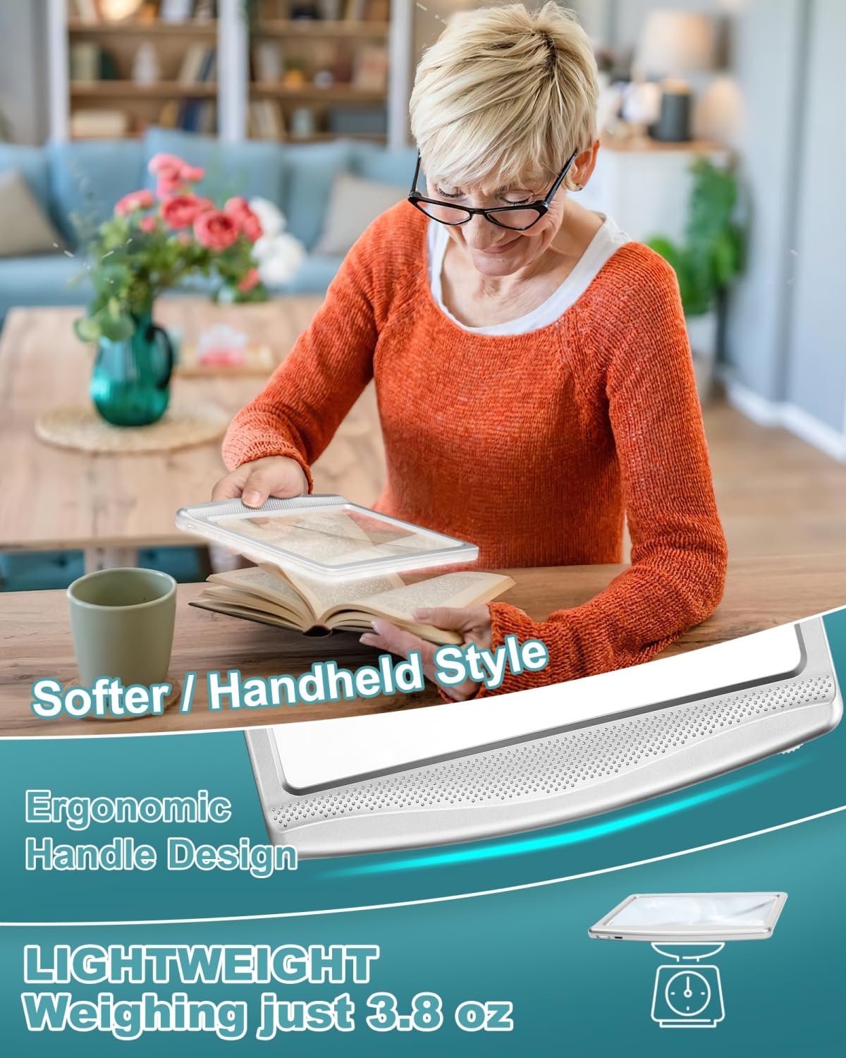 Lupa de página completa para leer, lupa con luz para personas mayores, color plateado