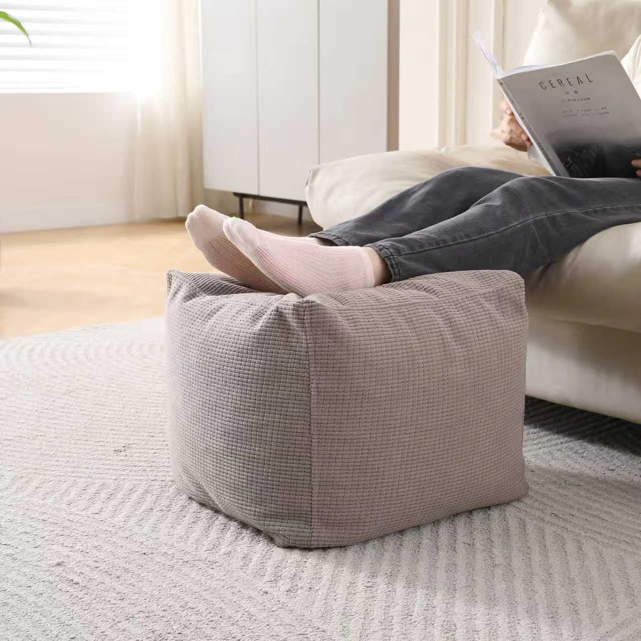 Panana Living Cozy Footstool Pouffe Cube Footrest,Jumbo Cord Foot Support Luxury Bean Bag Comfortable Seating (Light Grey)