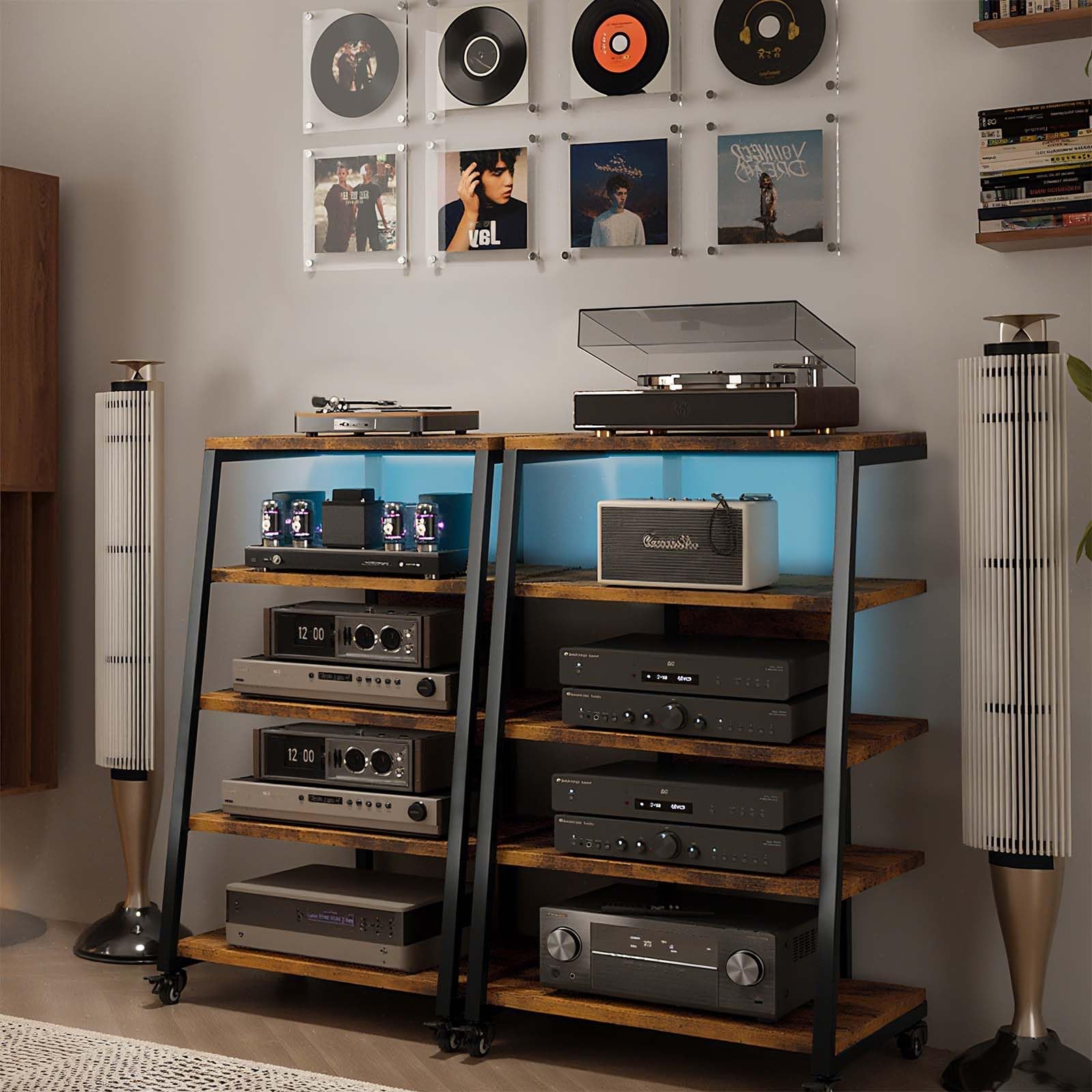 Rack HiFi 5 niveaux, platine vinyle, lumières LED, étagère réglable, bois, 60 x 52 x 110 cm