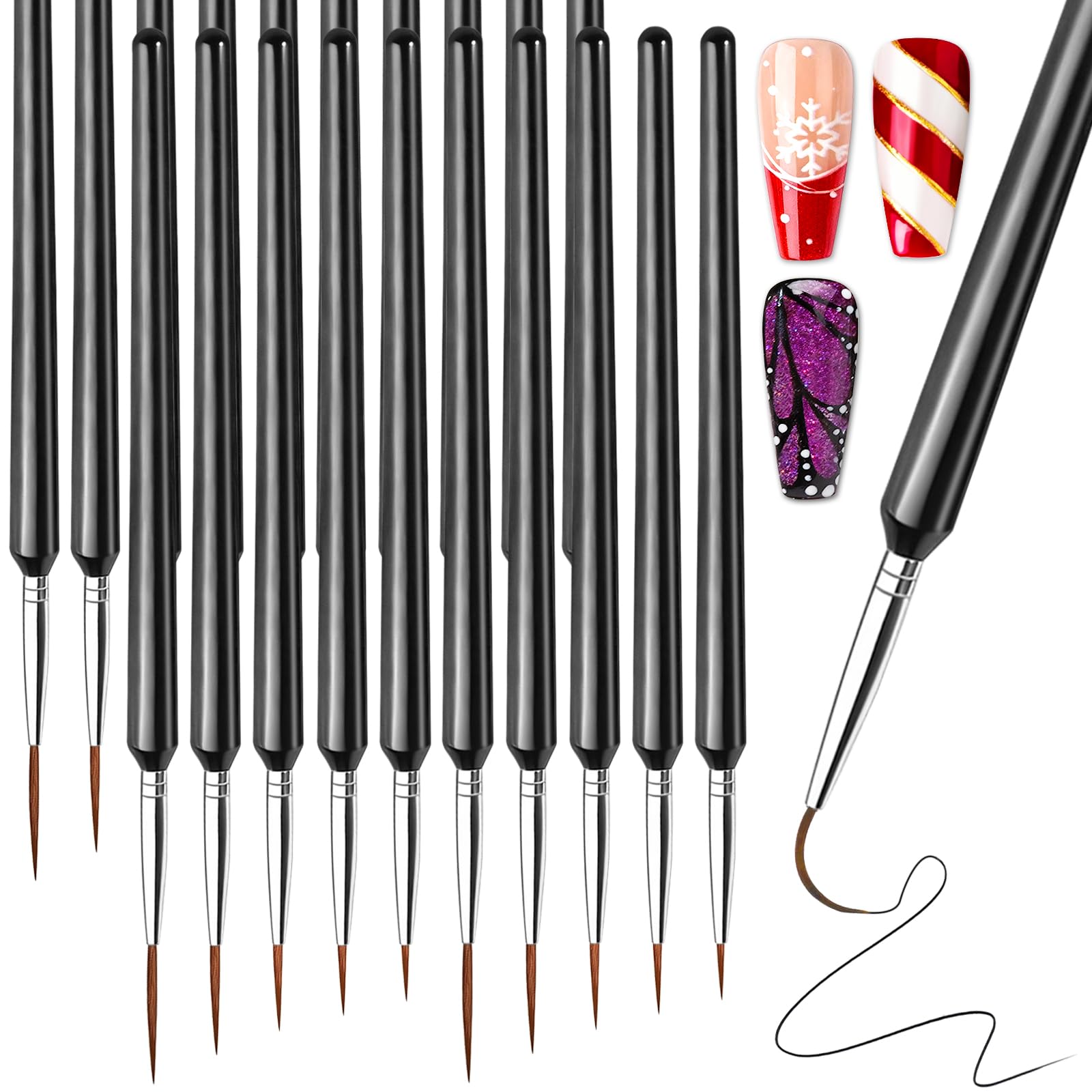 FANDAMEI 20pcs Nail Art Brushes, Liner Brushes For Nails, Nail Liner Brush, Thin Nail Art Brush For Drawing Long Lines, Nail Brush Set, Nail Brushes For Nail Art, Nail Art Tools, 7/9/11/15/20mm, Black