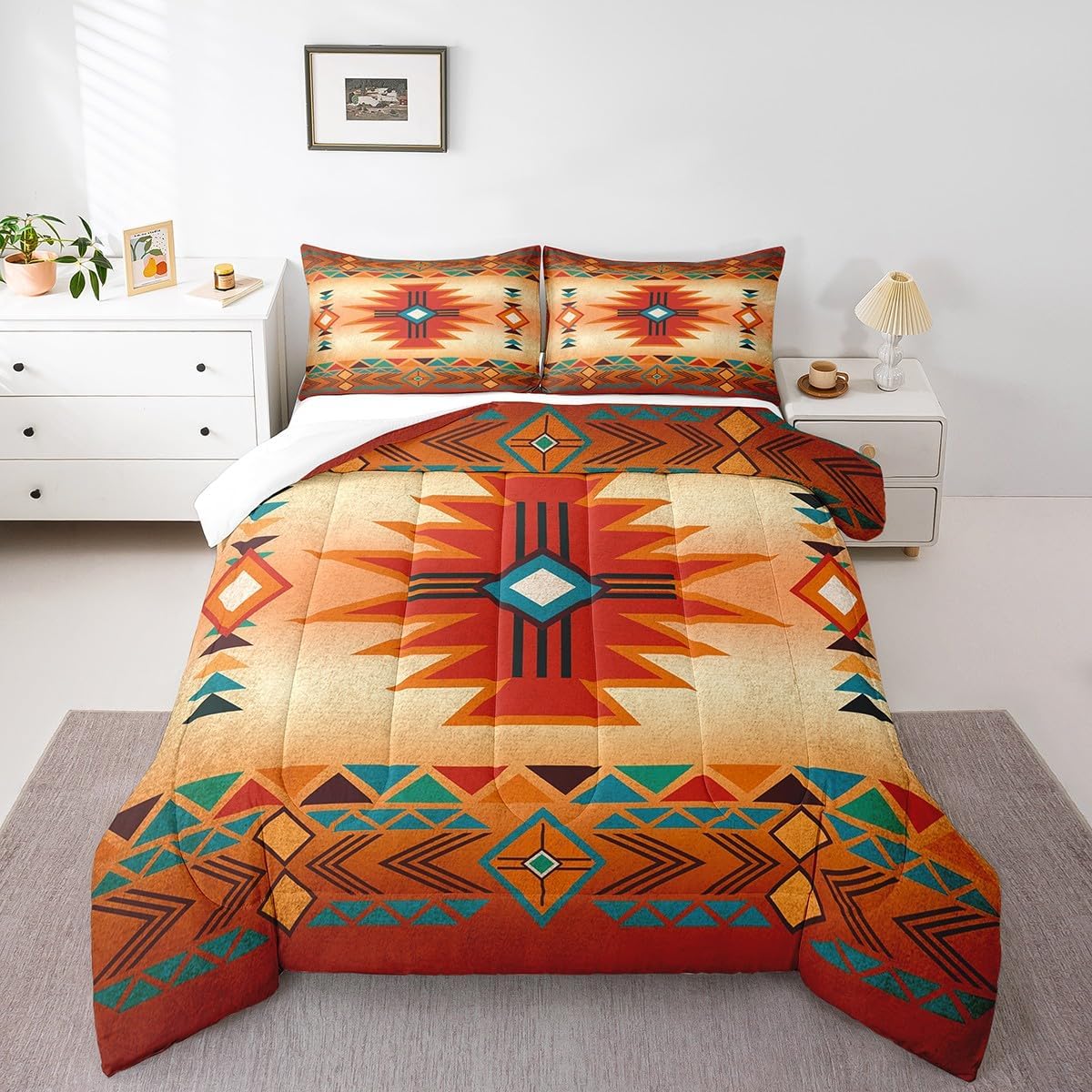 Western Bedding Set King Size,Southwest Comforter Set for Kids Teens Women Men,Aztec Tribal Bohemian Quilt Set 3Pcs Vintage Geometric Striped Orange Red Rustic Duvet Insert Bedroom Decor - Image 6