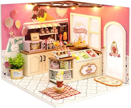 Flever DIY Miniature House Kit, Tiny Home Kit with LED Light, Mini House Build Craft Kits for Adults and Teens, Home Decor Creative Gift for Family/Friends Happiness ice Cream Shop