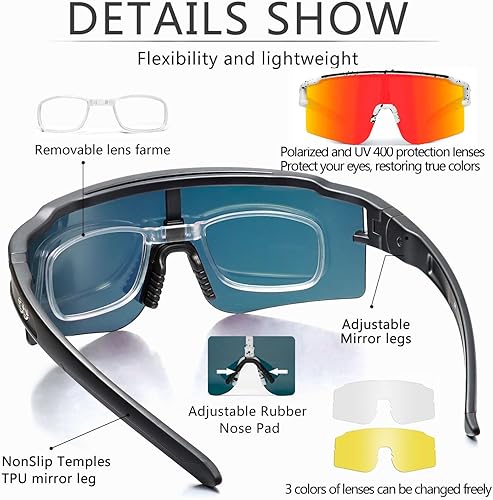 Miniatura 4 de SPOSUNE Gafas de ciclismo polarizadas con 3 lentes intercambiables para mujeres y hombres, TR90 gafas de sol deportivas para correr y béisbol
