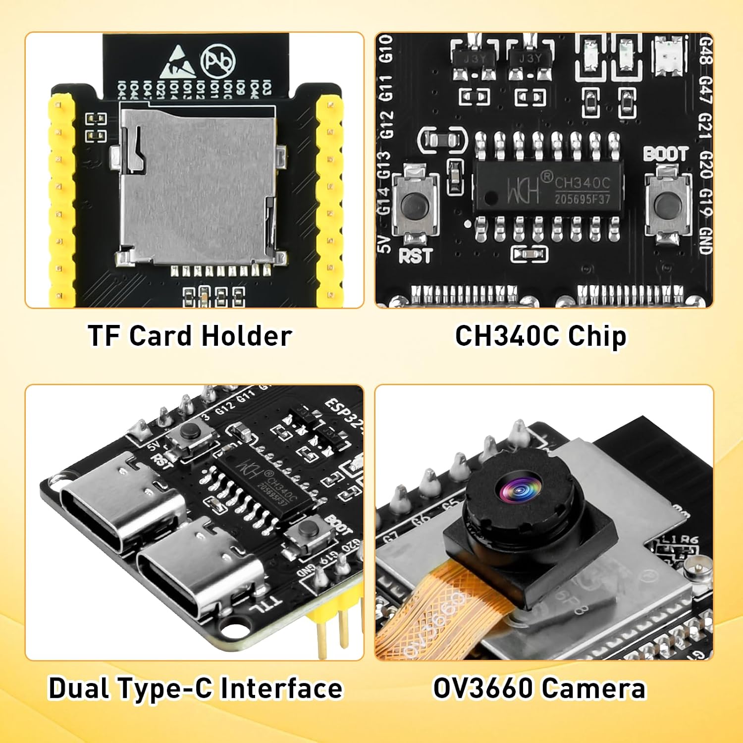 Цлосе-уп views of key components on the ESP32-S3-CAM board