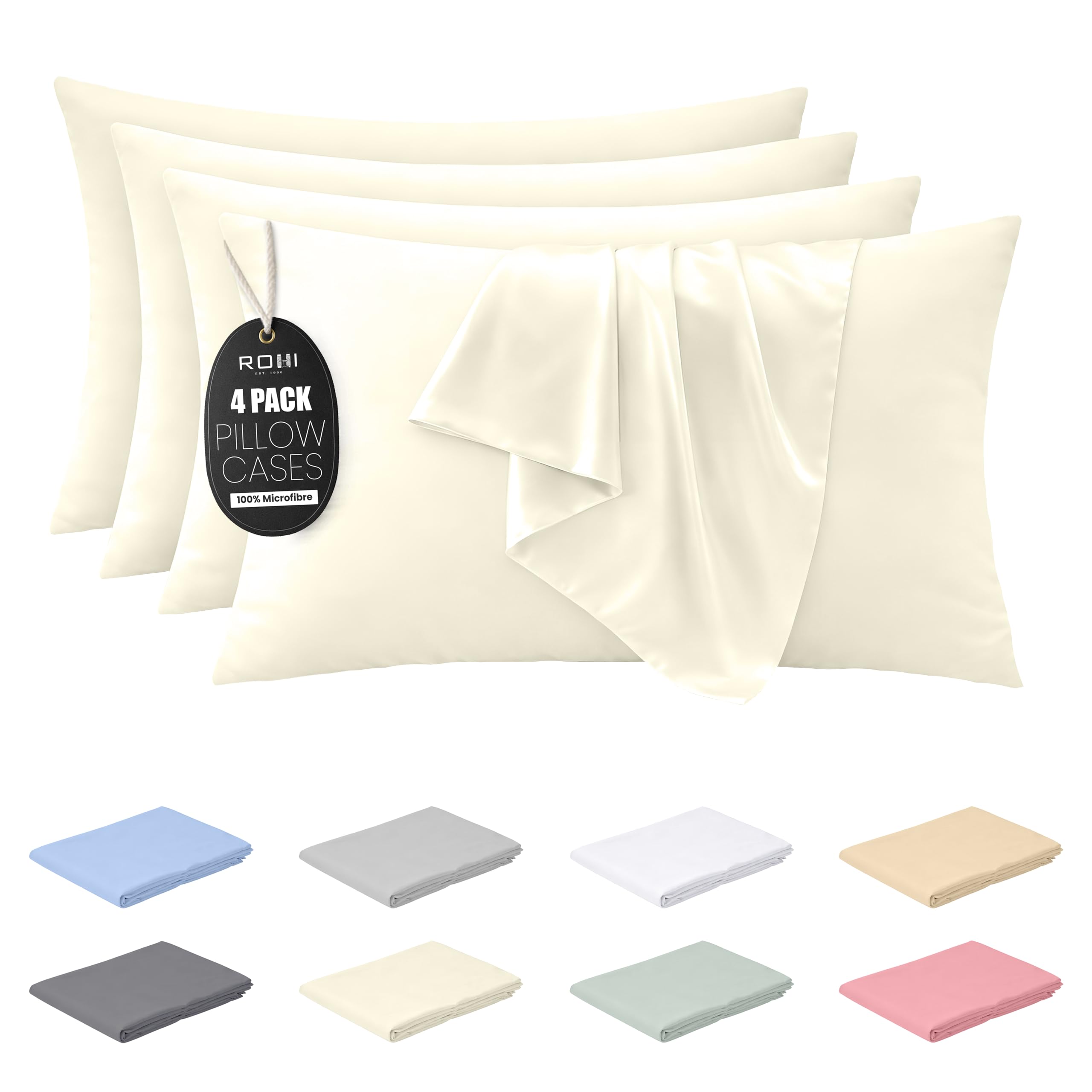 Rohi Cream Microfibre Pillowcases 4 Pack – Soft & Smooth Envelope Closure Pillow Covers – Fade Resistant & Breathable Pillows Cases – Standard Size (50X75 Cm)