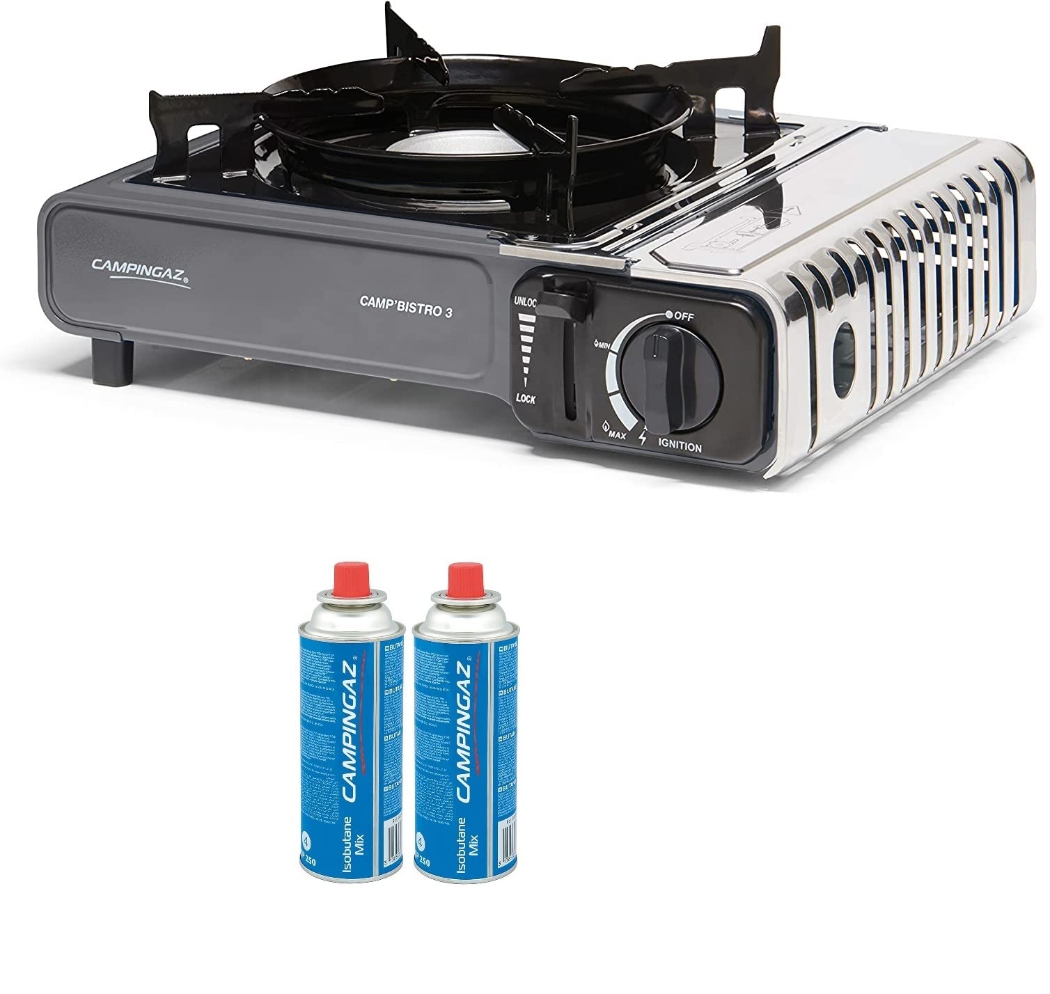 FYSHOP. PACK Campingaz Camp Bistro hornillo de Gas Individual, hornillo de Camping, Potencia 2200 W + 2 CARTUCHOS DE GAS CAMPINGAZ CP250
