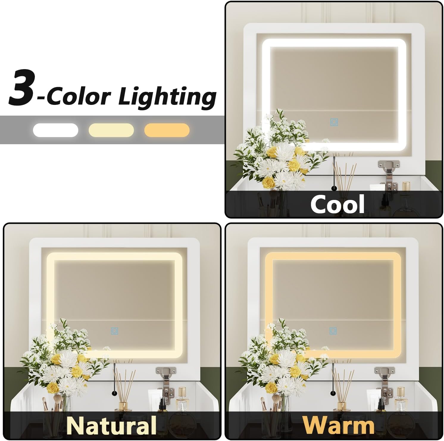 Homsee Makeup Vanity Desk Set with Lighted Mirror and Storage, Makeup Dressing Table for Bedroom with Adjustable Lighting, Tempered Glass Top and Pull-Out Stool, White