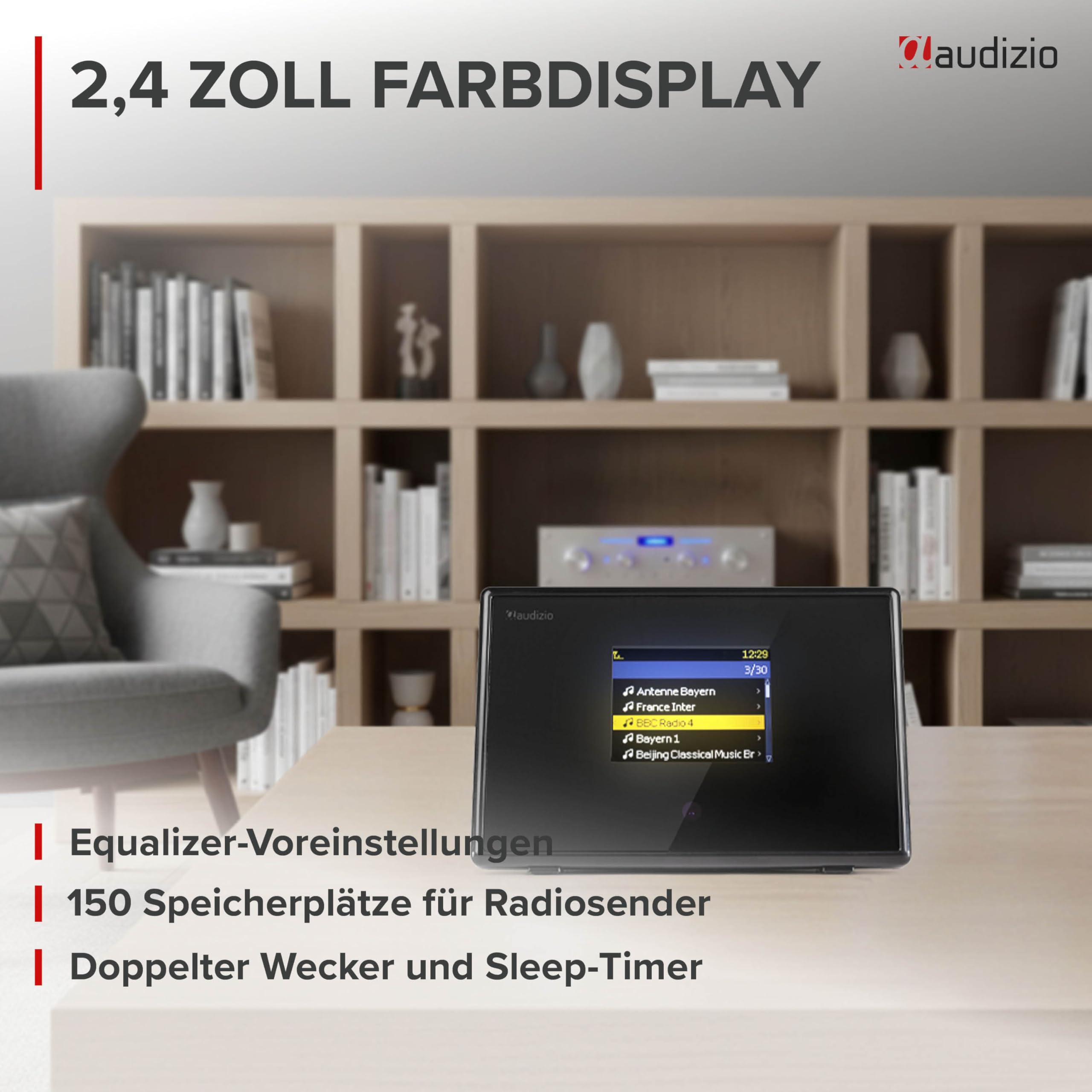 Audizio Turin Internetradio Adapter WLAN & Bluetooth - WLAN Radio Tuner für Stereoanlage & Aktivboxen - Internet Radio Receiver - 2,4" Farbdisplay, Line-Out, Wecker & Fernbedienung - Schwarz