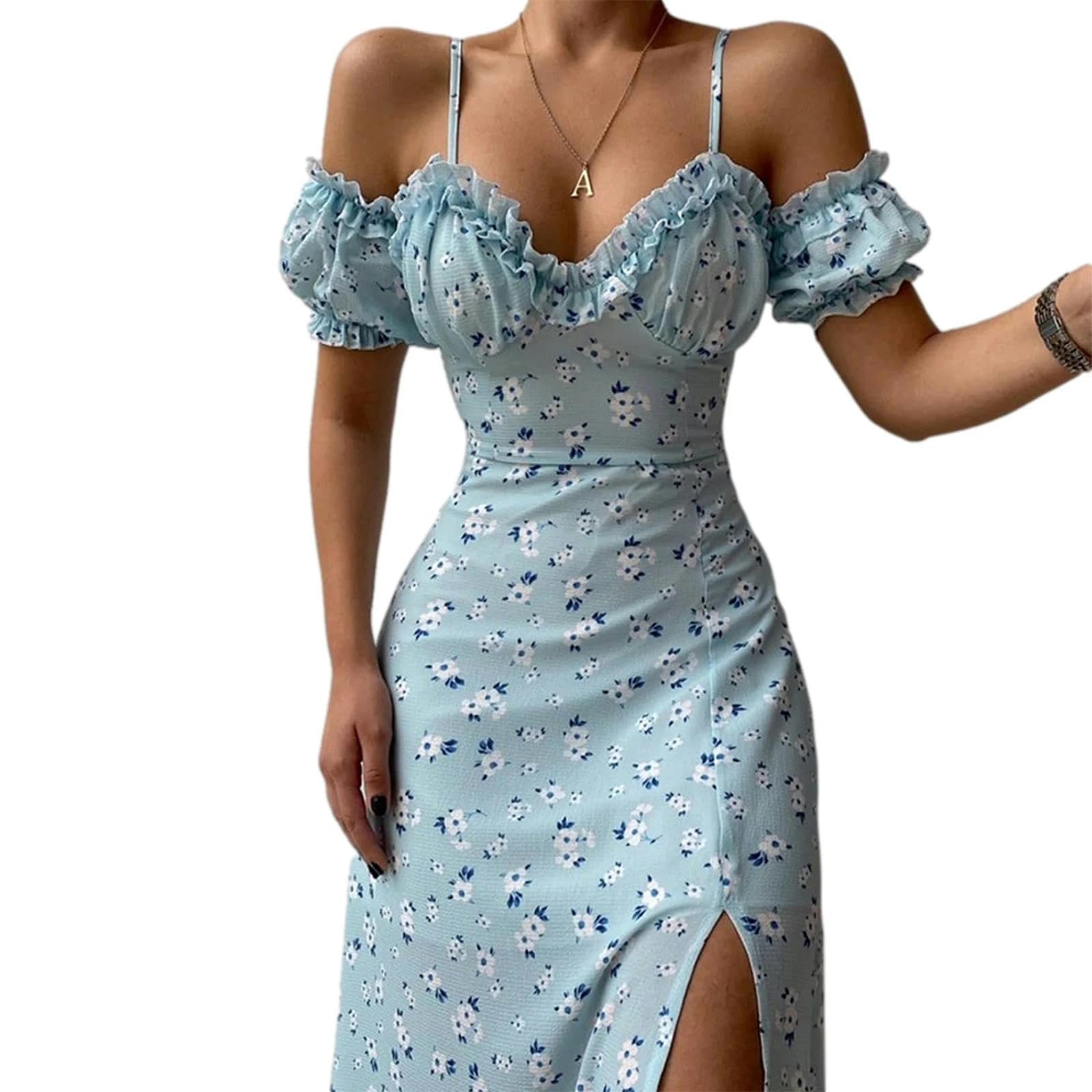 Elegante Estampado Casual de Verano Vestido Dividido Hombro a Hombro Vestido Midi de Manga Corta para Mujeres, Adecuado para Fiestas de Clubes de Vacaciones, HUTALIM, Azul claro, m