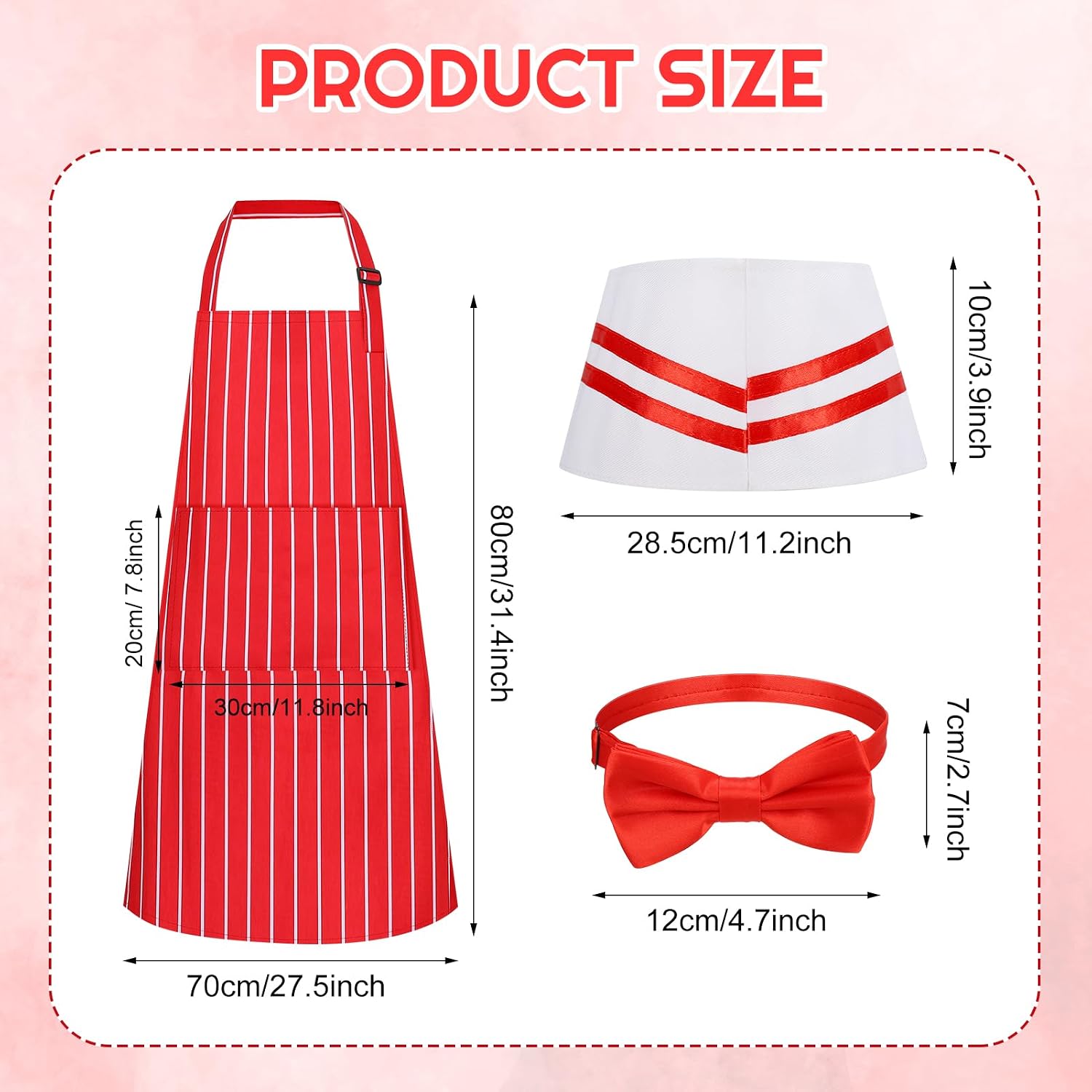 1950s Waiter Costume Kit, Soda Jerk Costume Kit, Red and White Striped Apron with 2 Pockets, Chef Hat Red Bow Ties Adjustable for Adult Costume Cosplay Party (70x80cm)