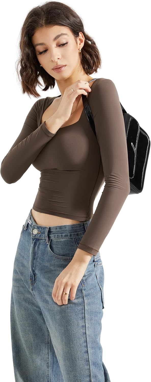 SUUKSESS Women Square Neck Long Sleeve Tops Double Lined Going Out T Shirts - Image 3